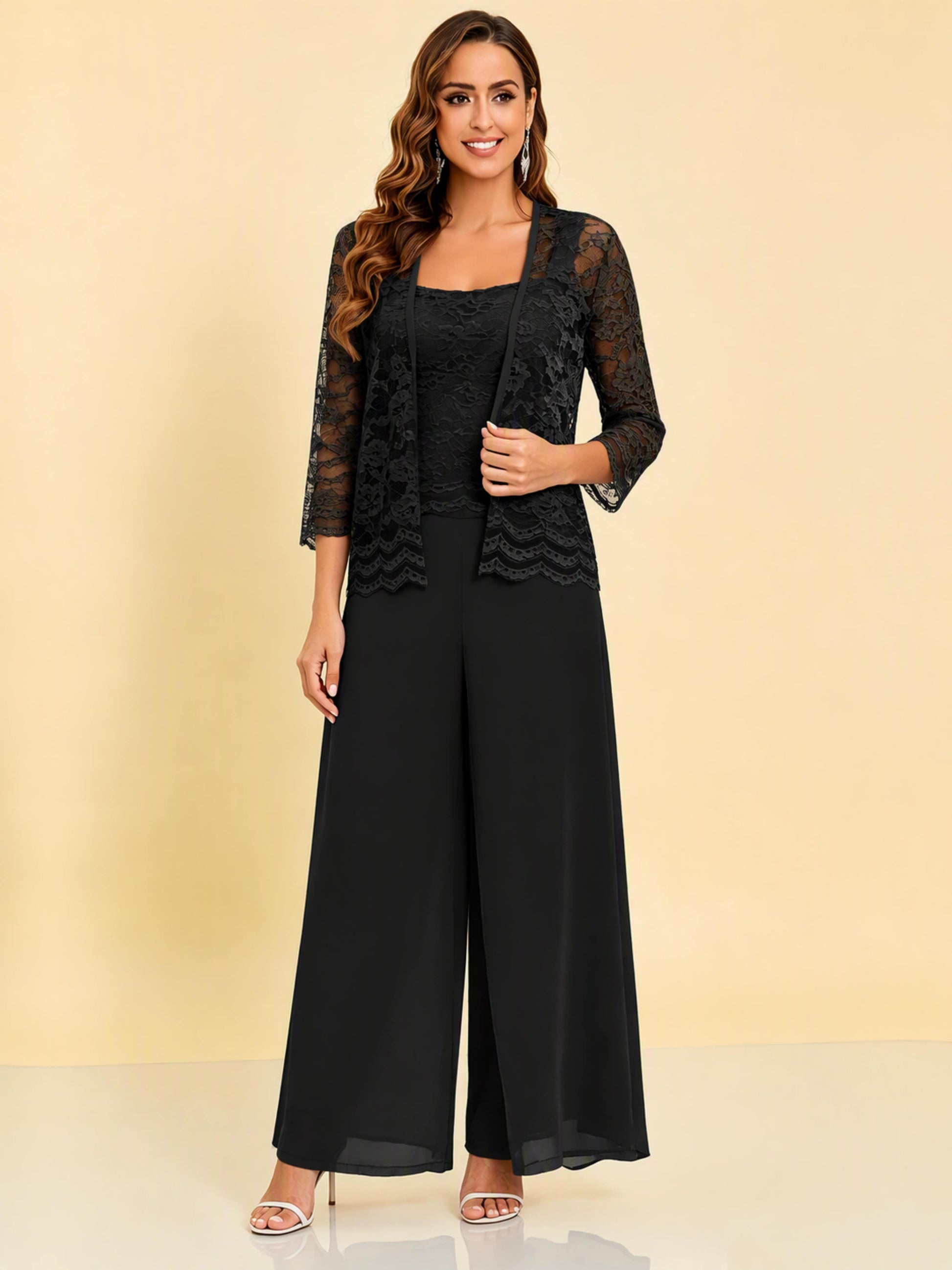Chiffon Lace Flowy 3 Pieces Mother of The Bride Pant Suits Women Wedding