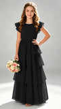 Chiffon Tiered Pleated Long Junior Bridesmaid Dresses