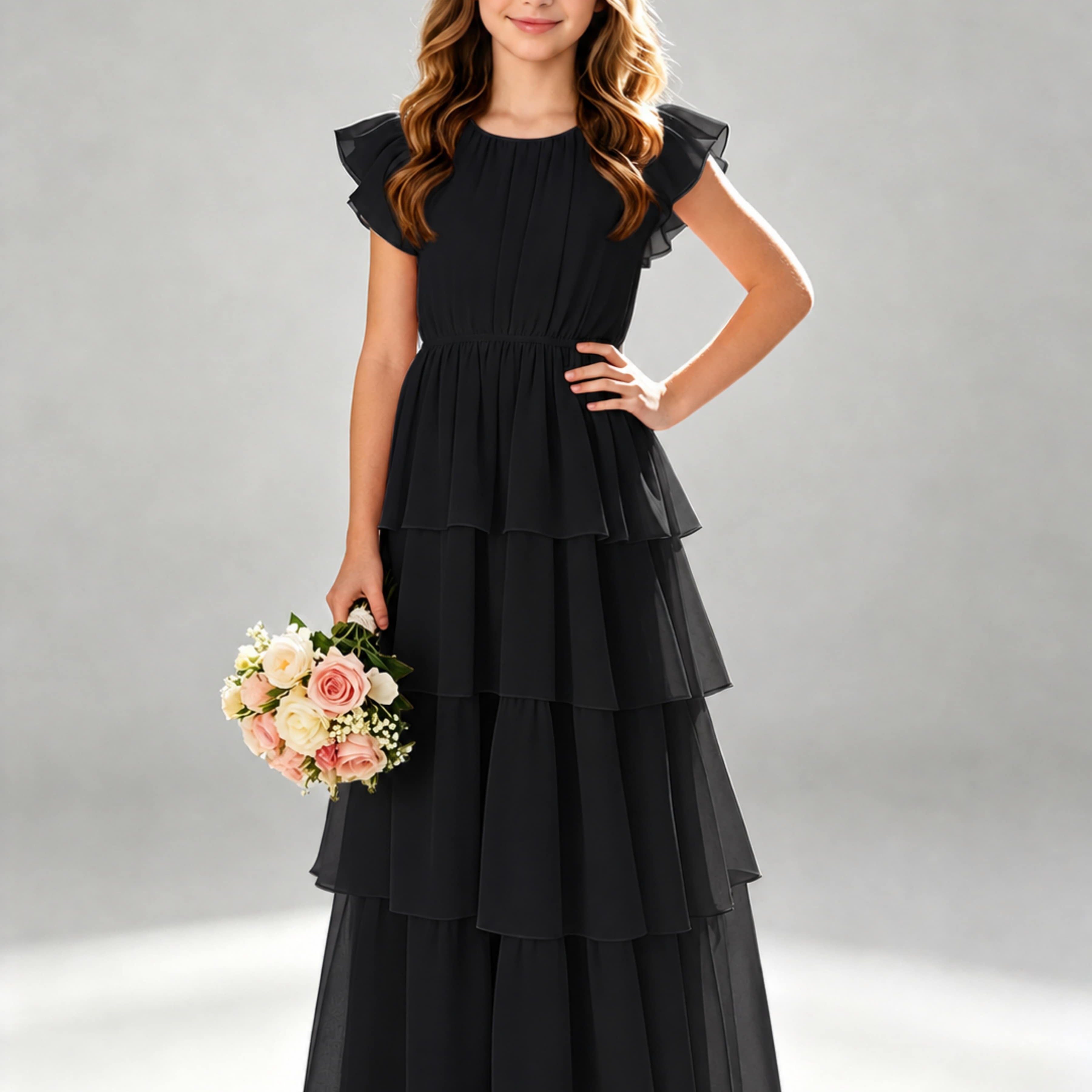 Chiffon Tiered Pleated Long Junior Bridesmaid Dresses