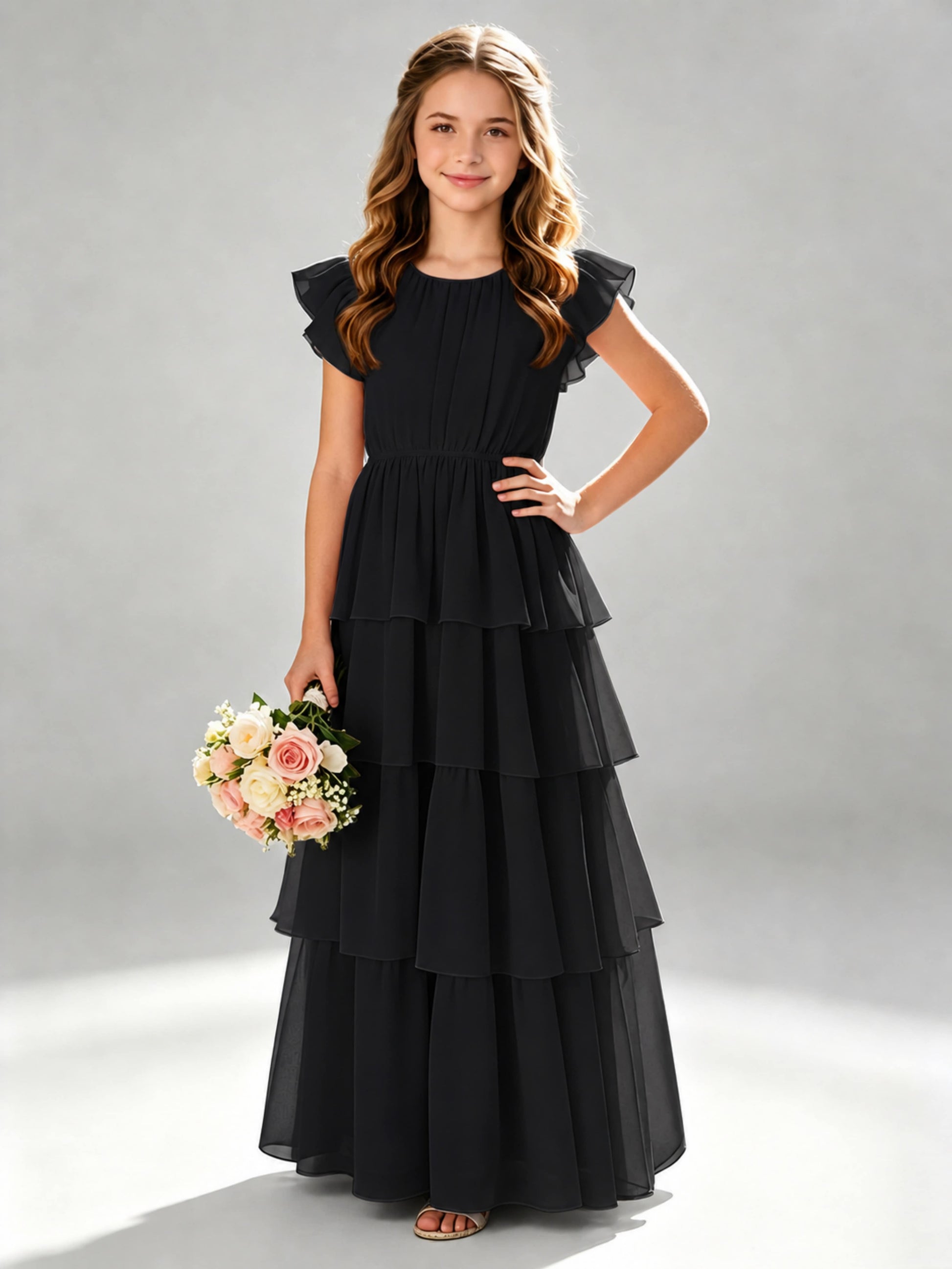 Chiffon Tiered Pleated Long Junior Bridesmaid Dresses