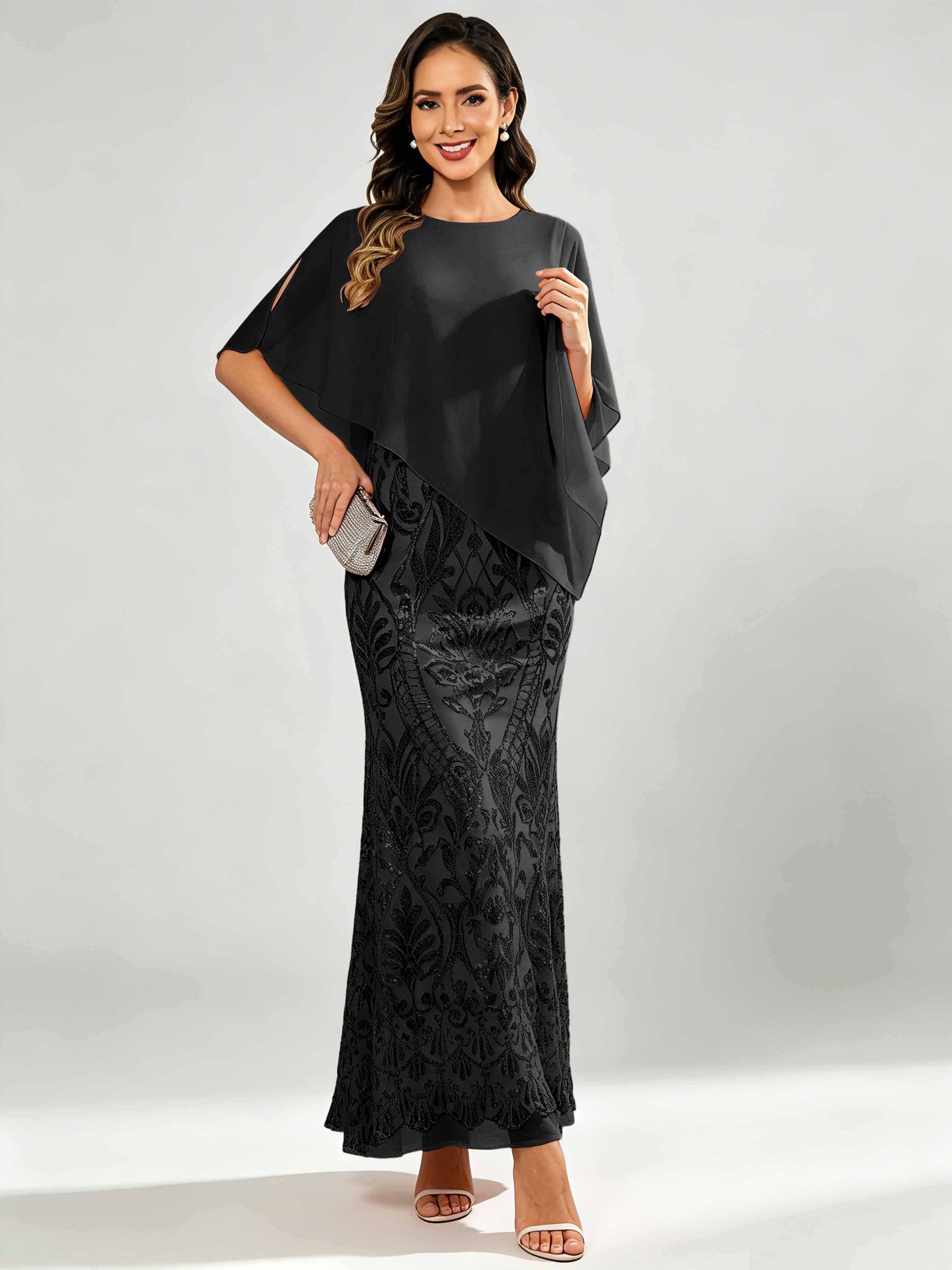 Mermaid Sequin Mother of The Bride Dress with Chiffon Cape