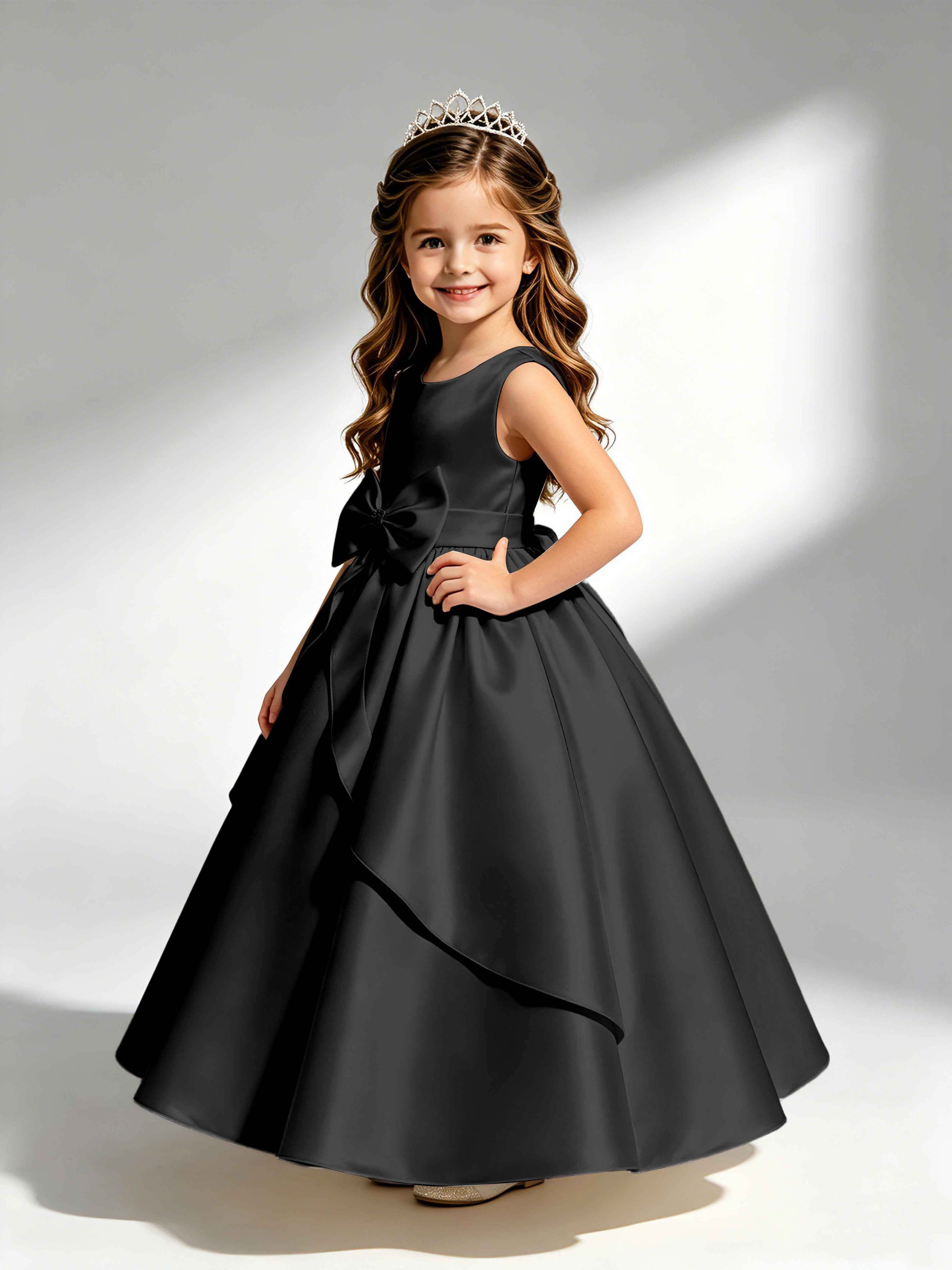 Satin Flower Girl Dress with Bow Princess Girls Pageant Gowns