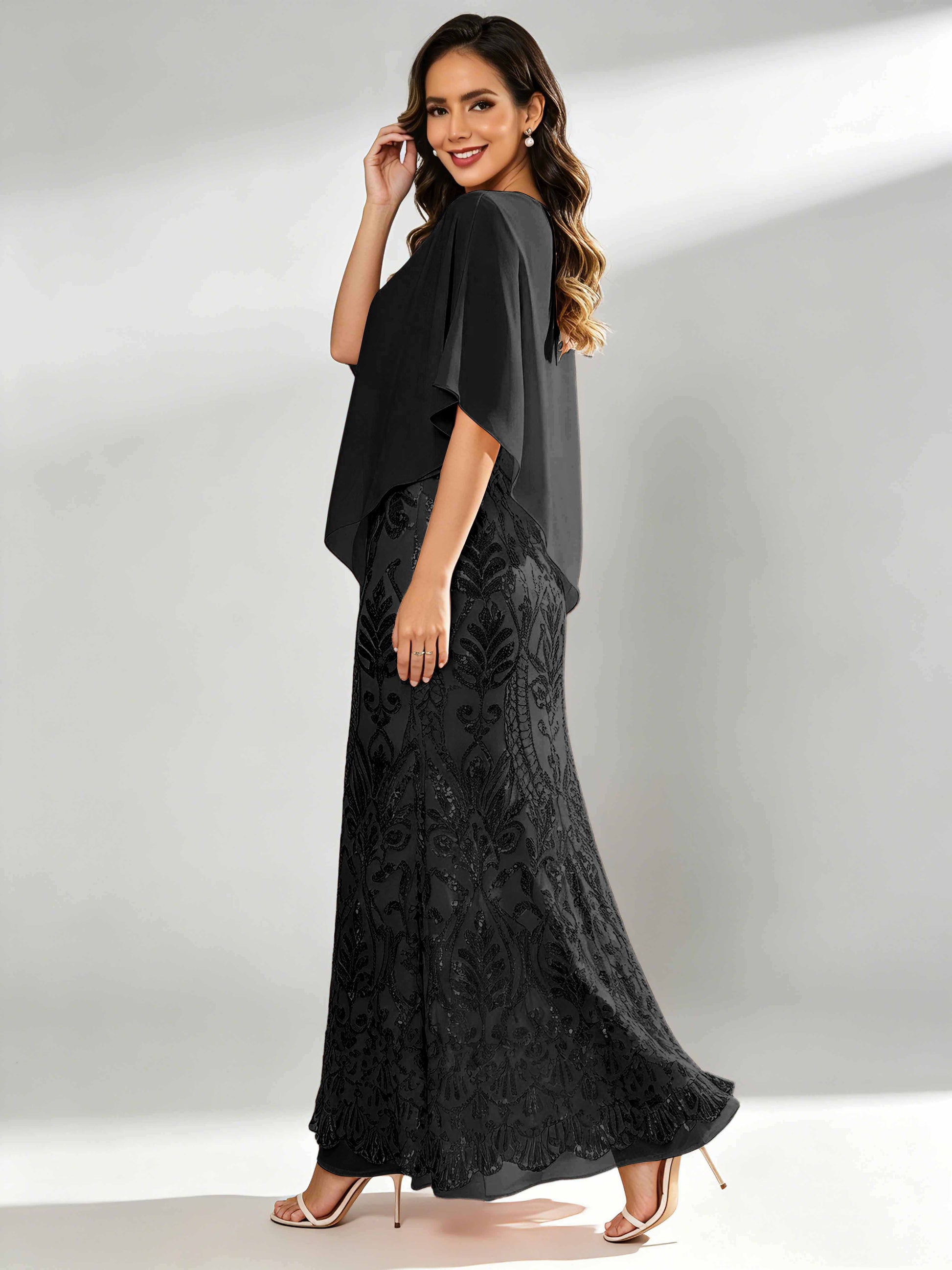 Mermaid Sequin Mother of The Bride Dress with Chiffon Cape