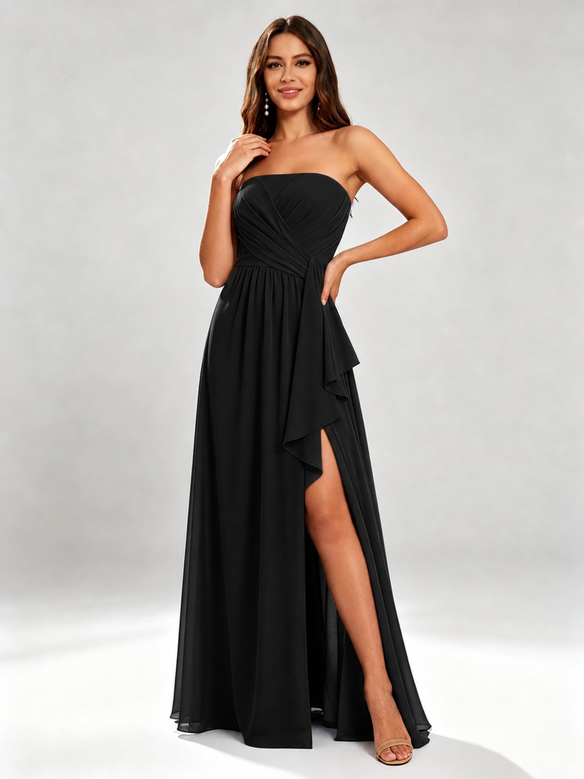 Chiffon Strapless Women's Bridesmaid Dresses with Slit