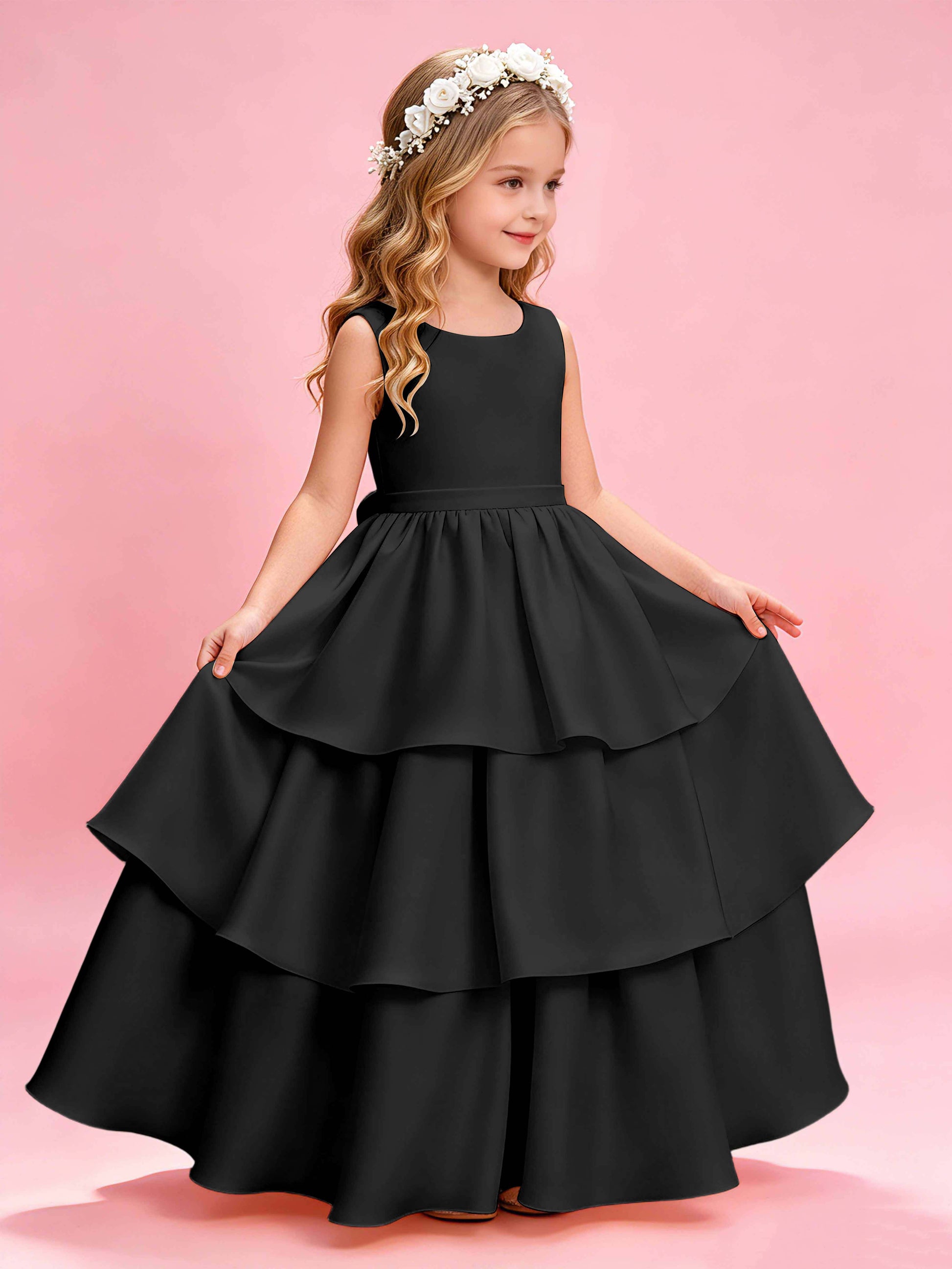 Tiered Flower Girl Dress with Bow Princess Girls Pageant Gowns
