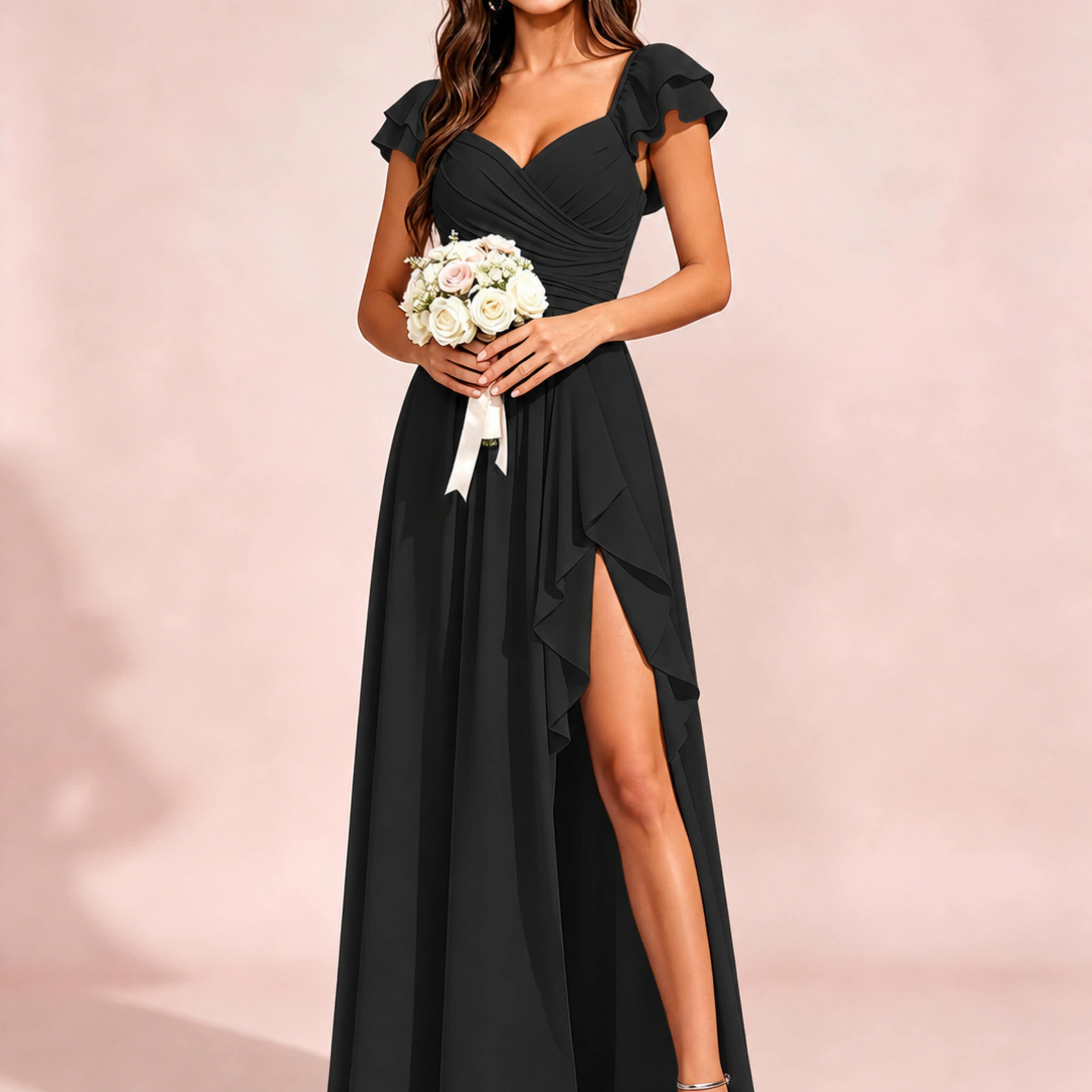 Chiffon Sweetheart Neck Ruched Bust Bridesmaid Dresses with Ruffle Slit