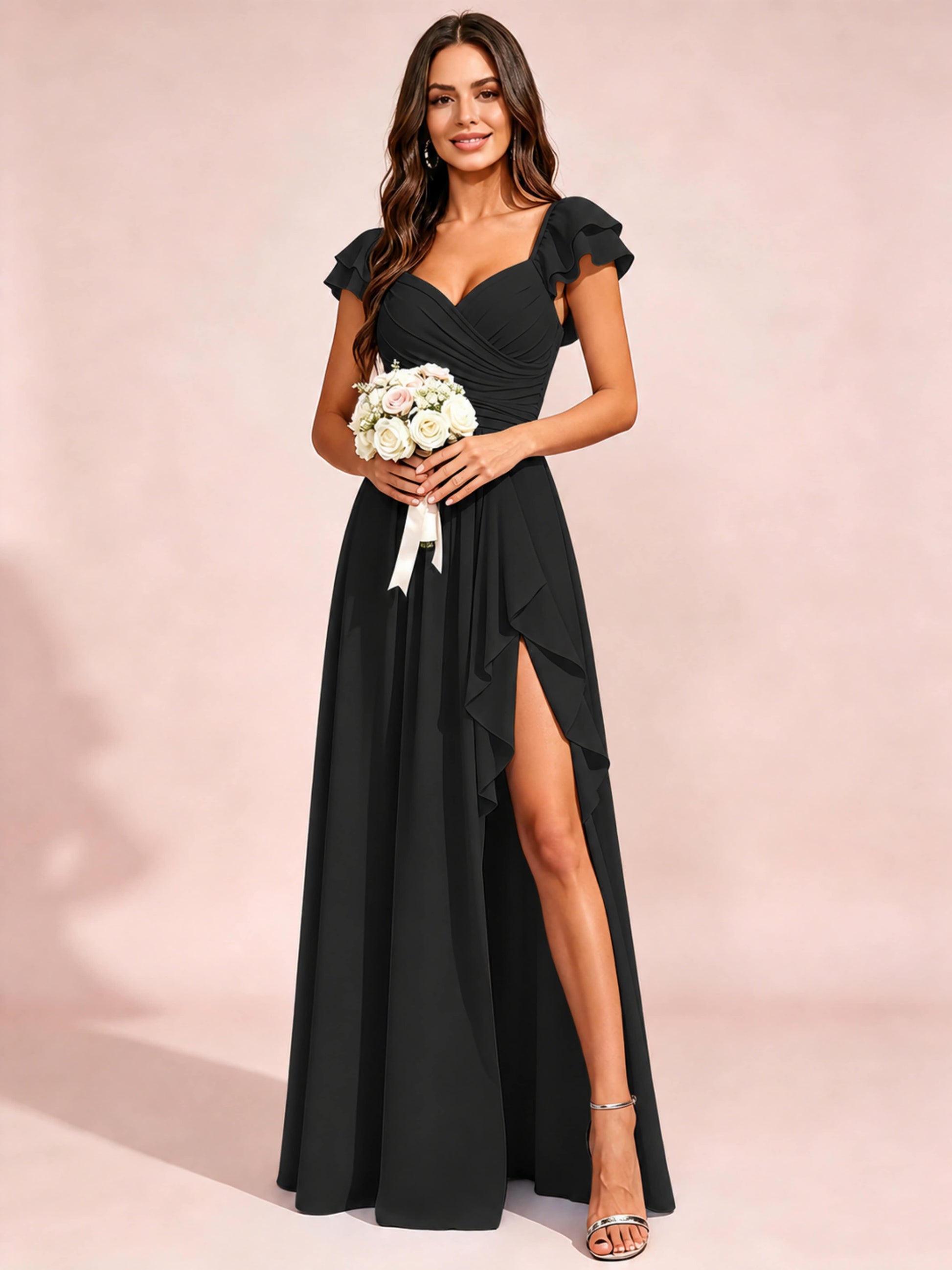 Chiffon Sweetheart Neck Ruched Bust Bridesmaid Dresses with Ruffle Slit