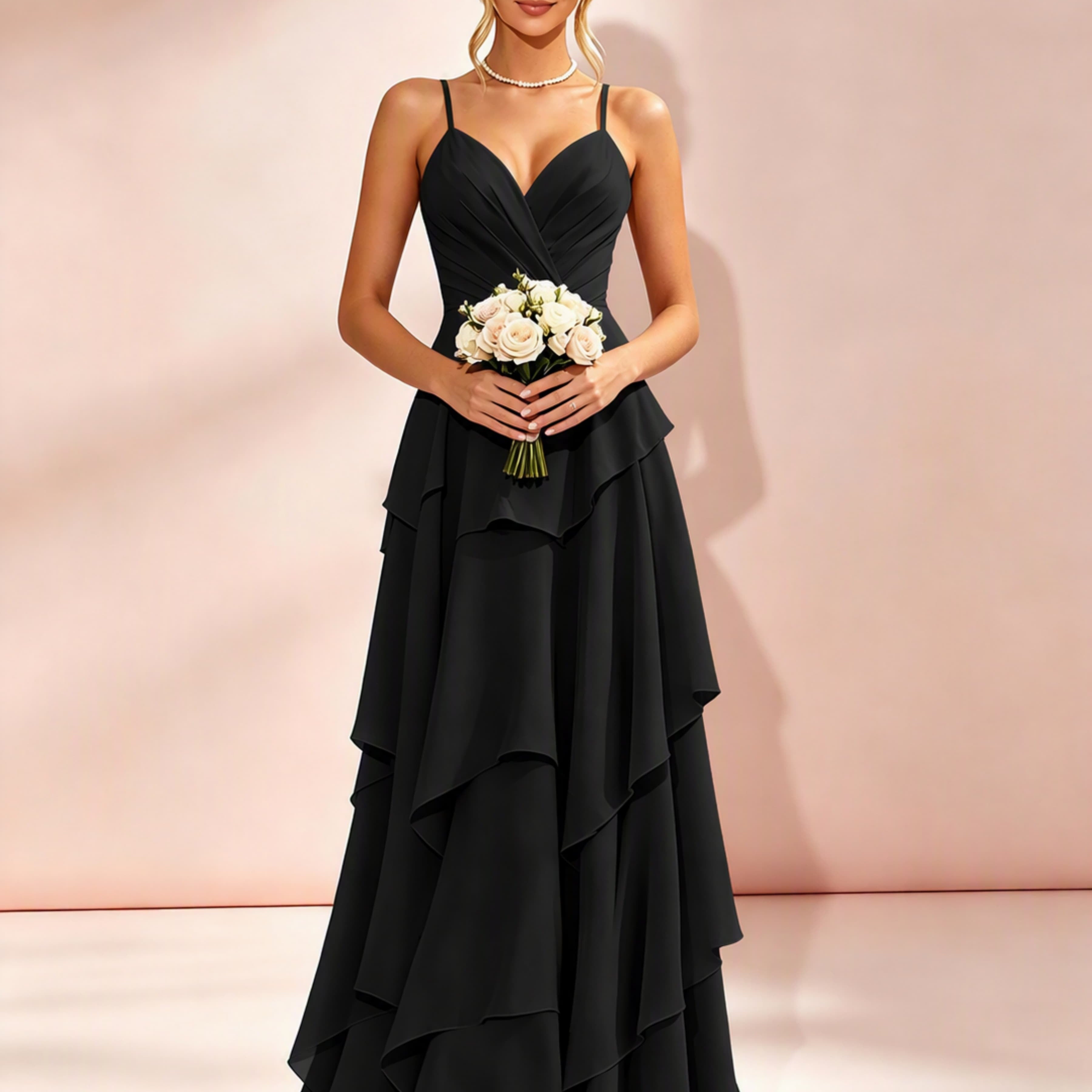 Spaghetti Straps Ruffle Tiered Chiffon Bridesmaid Dress for Wedding