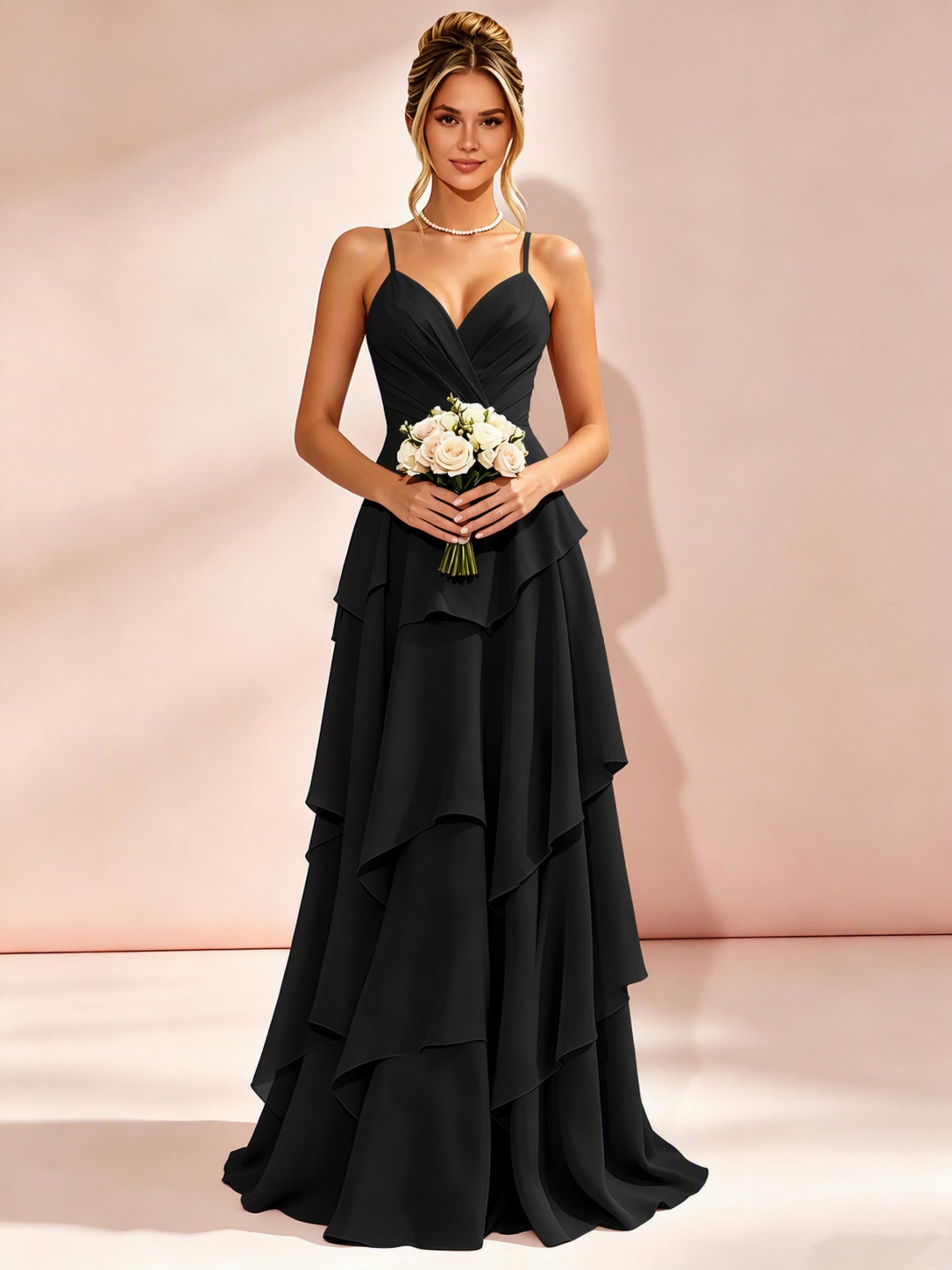 Spaghetti Straps Ruffle Tiered Chiffon Bridesmaid Dress for Wedding