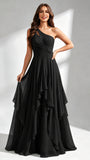 One Shoulder Ruffle Bridesmaid Dresses Formal Evening Gown