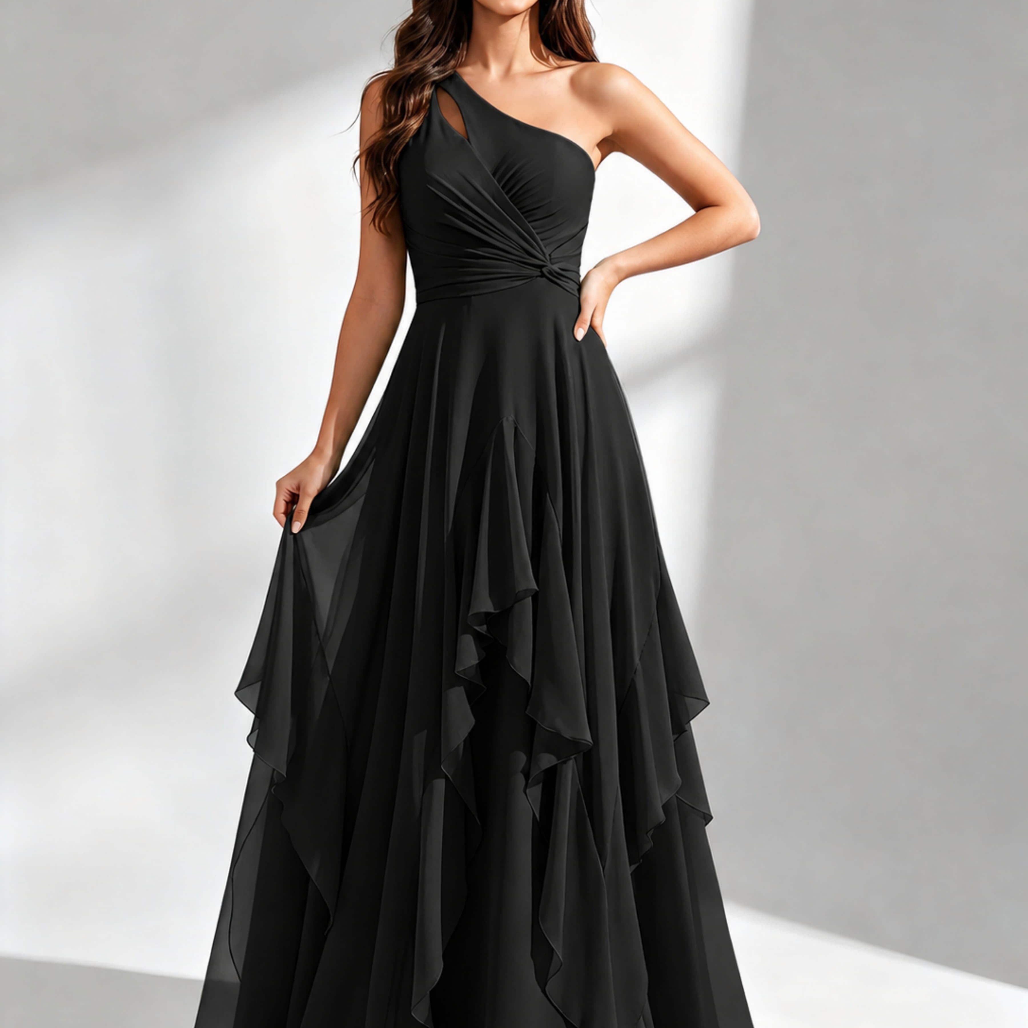 One Shoulder Ruffle Bridesmaid Dresses Formal Evening Gown