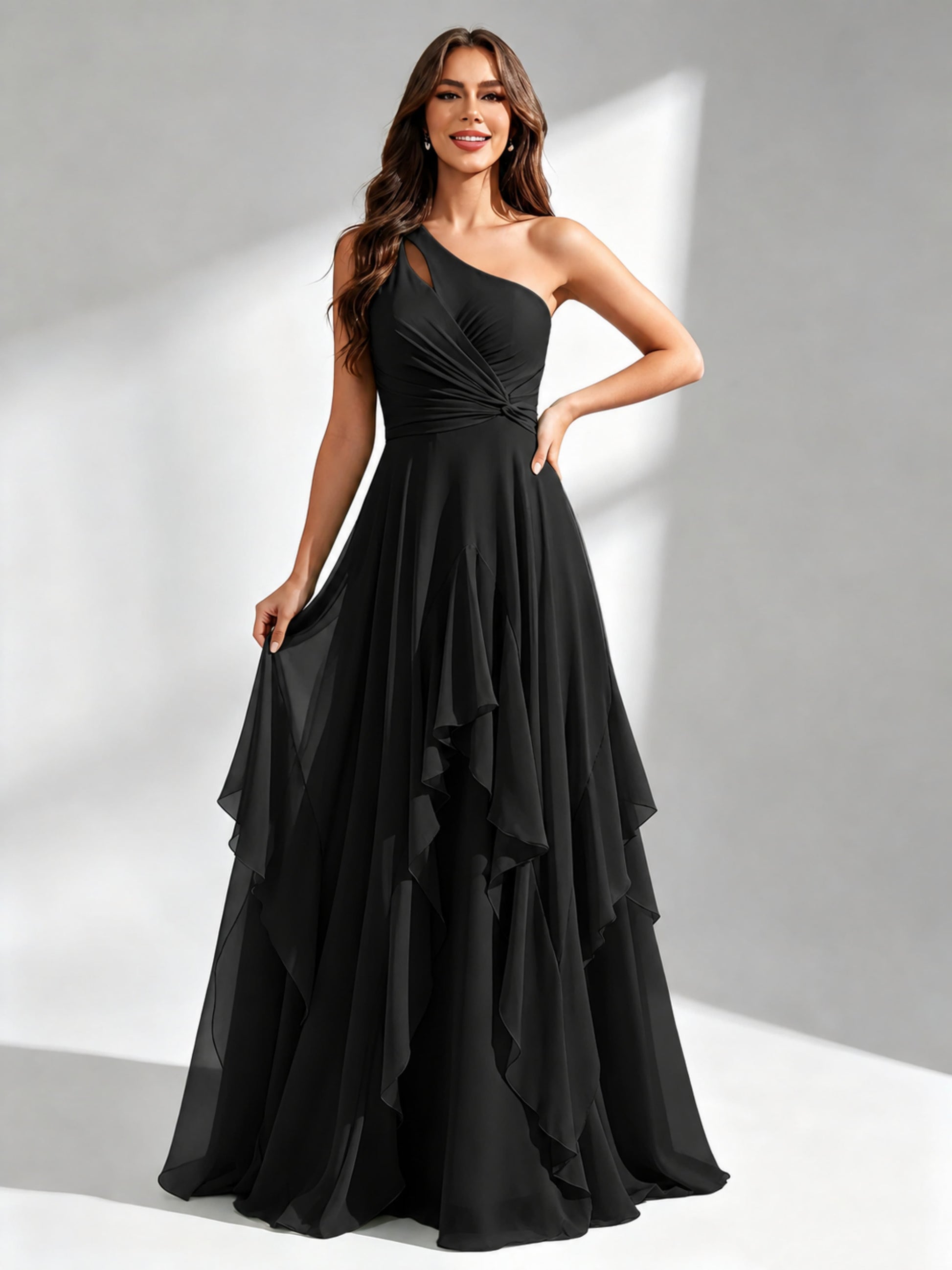 One Shoulder Ruffle Bridesmaid Dresses Formal Evening Gown