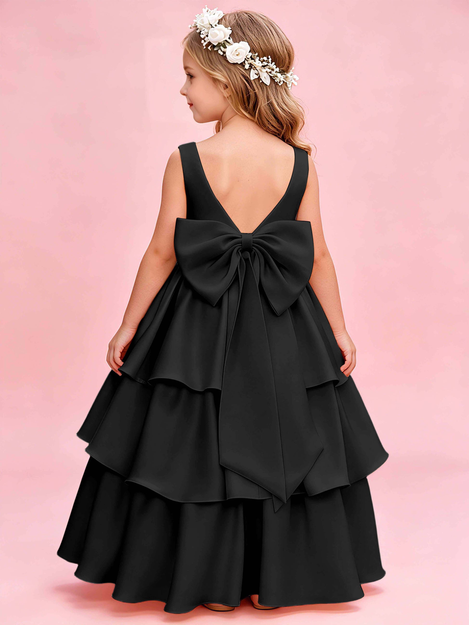 Tiered Flower Girl Dress with Bow Princess Girls Pageant Gowns