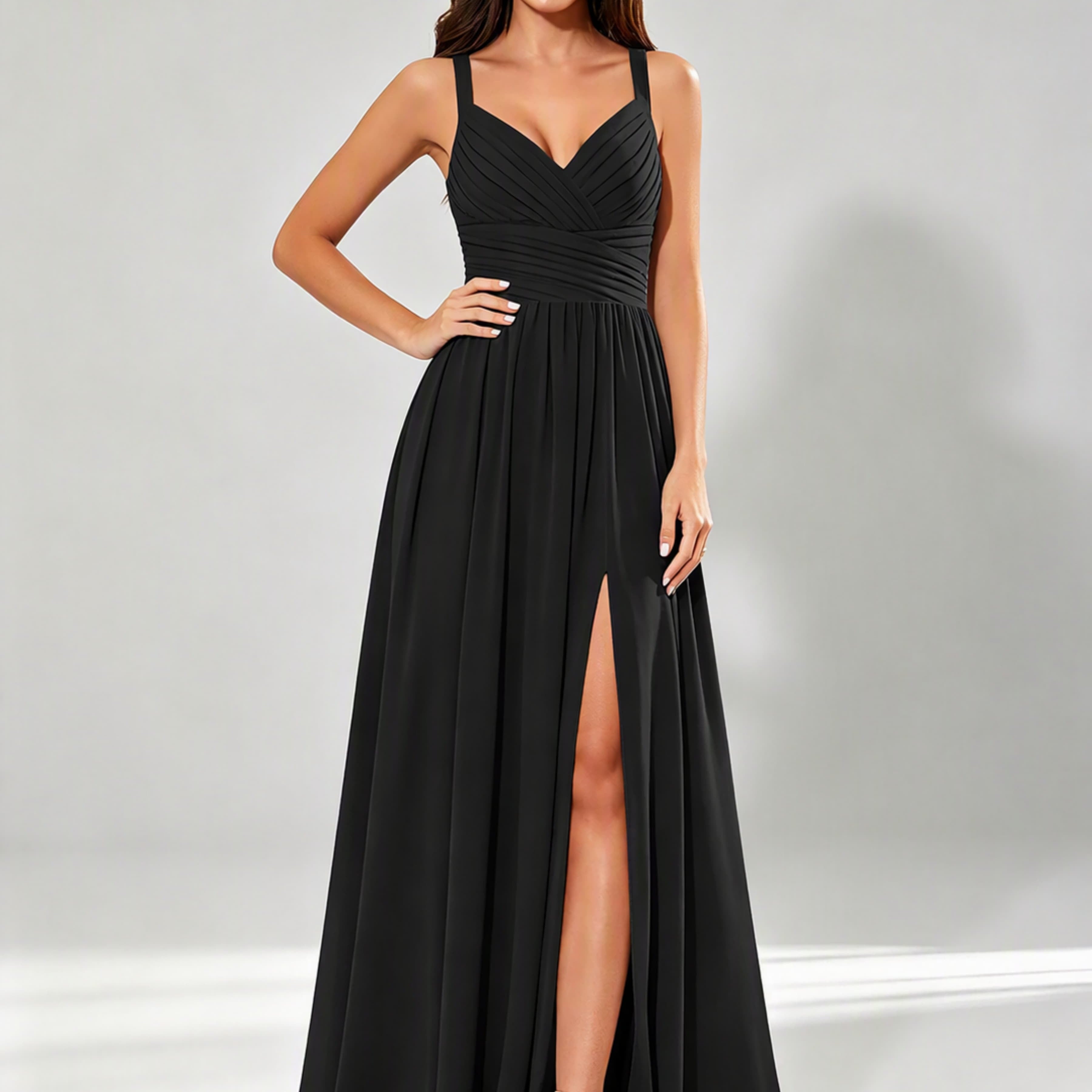 Spaghetti Straps Chiffon Ruched Bust Pleated Bridesmaid Dress for Wedding