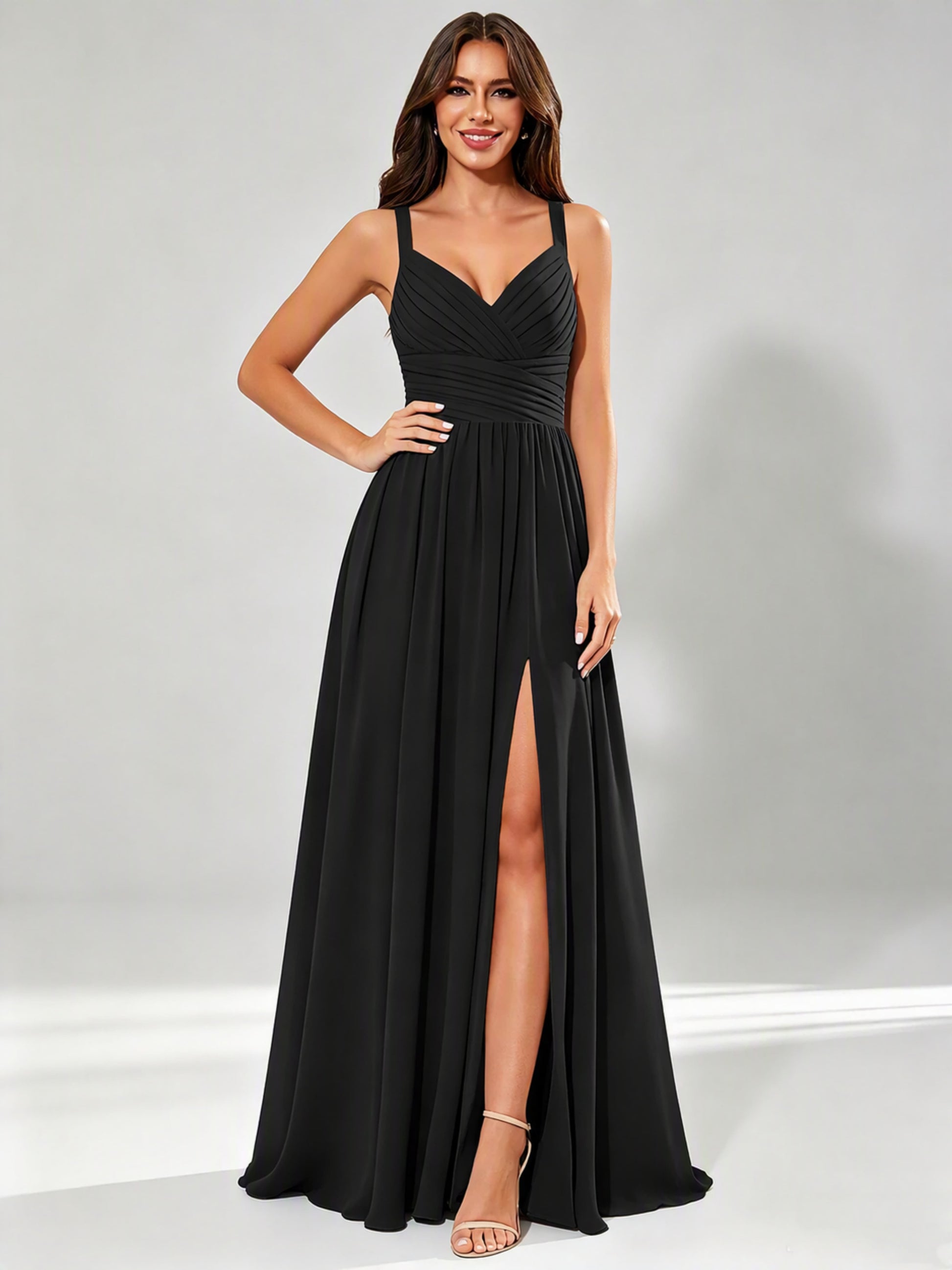 Spaghetti Straps Chiffon Ruched Bust Pleated Bridesmaid Dress for Wedding
