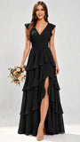 Ruffle Sleeve Tiered Chiffon Bridesmaid Dresses for Wedding with Slit