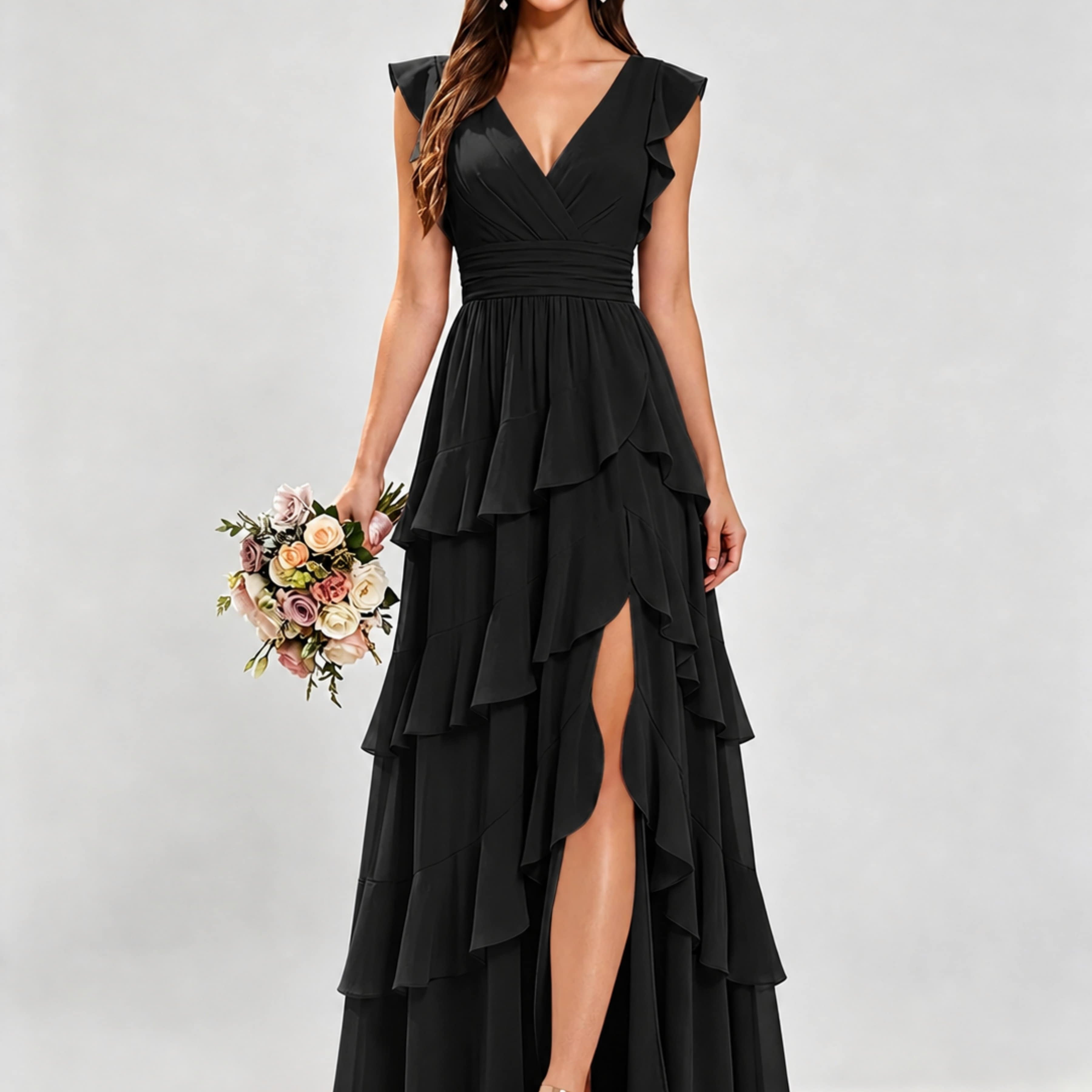 Ruffle Sleeve Tiered Chiffon Bridesmaid Dresses for Wedding with Slit