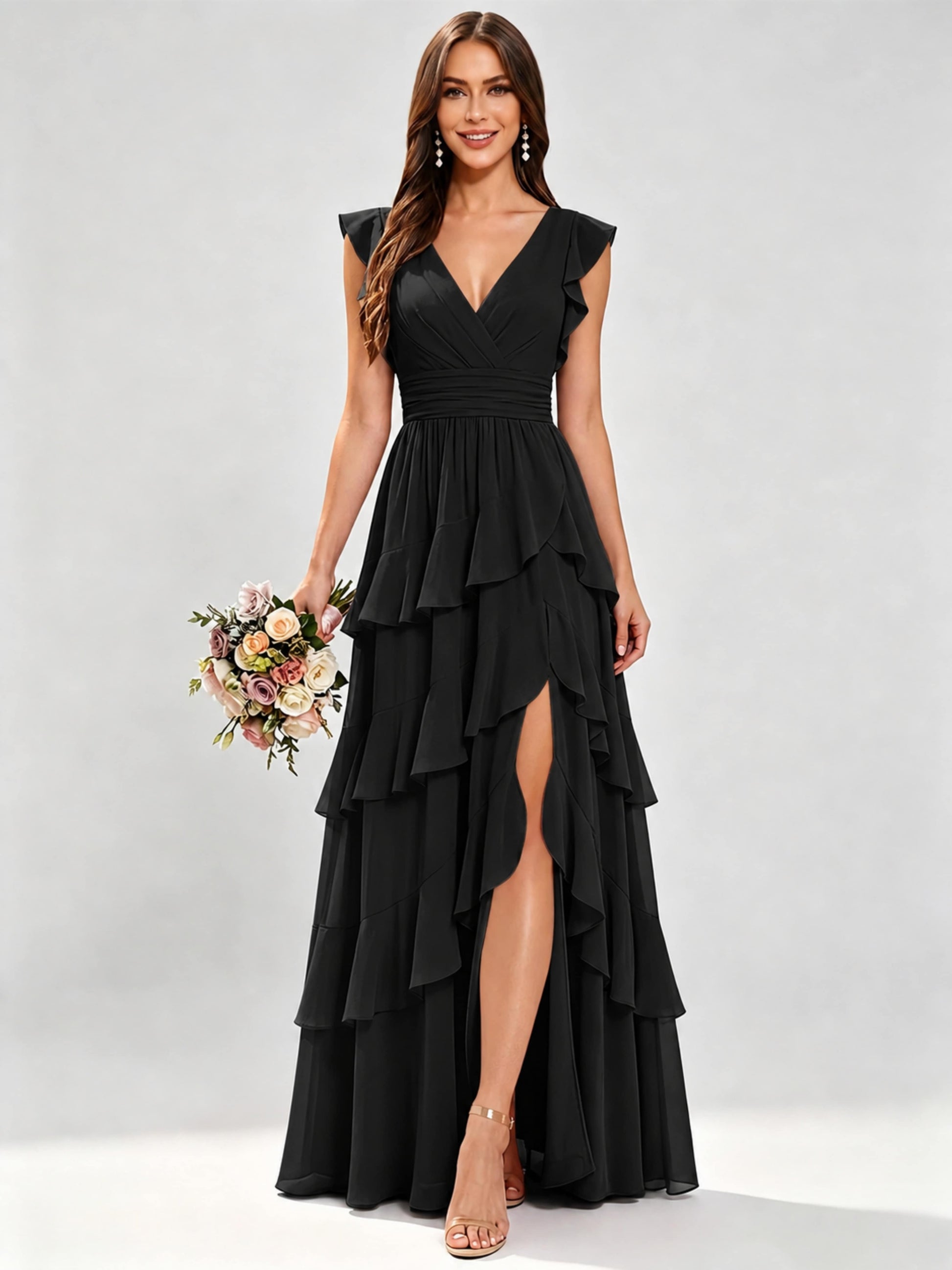 Ruffle Sleeve Tiered Chiffon Bridesmaid Dresses for Wedding with Slit