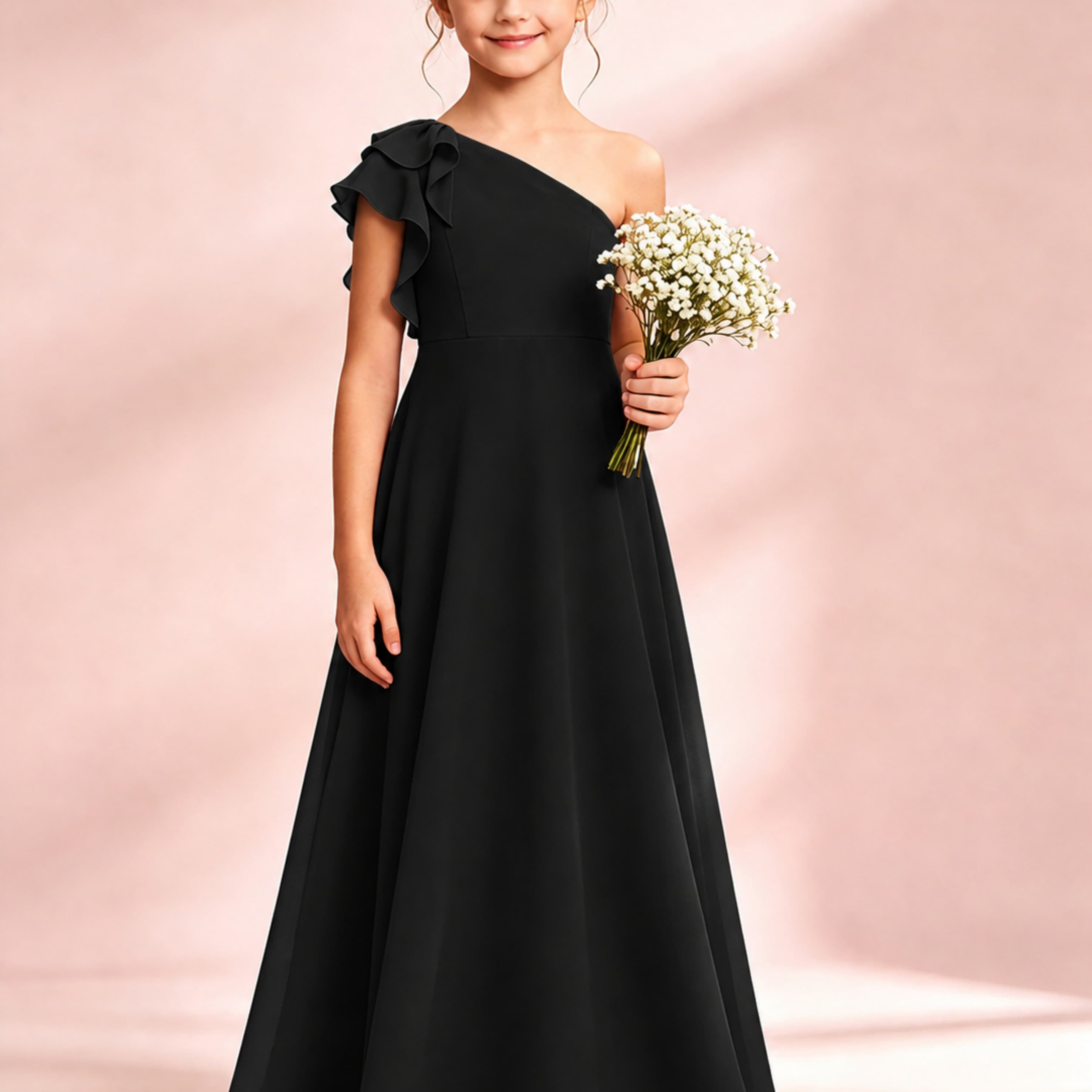 Chiffon Junior Bridesmaid Dress for Wedding One Shoulder Flower Girl Dresses
