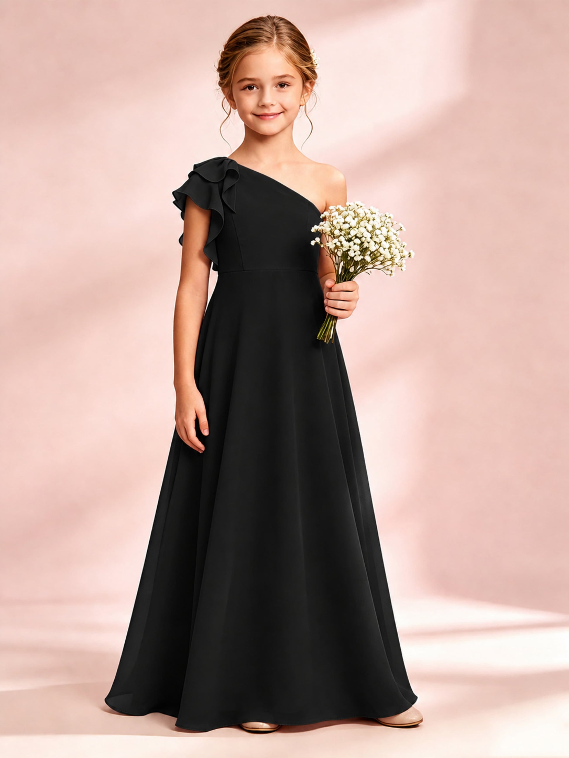 Chiffon Junior Bridesmaid Dress for Wedding One Shoulder Flower Girl Dresses