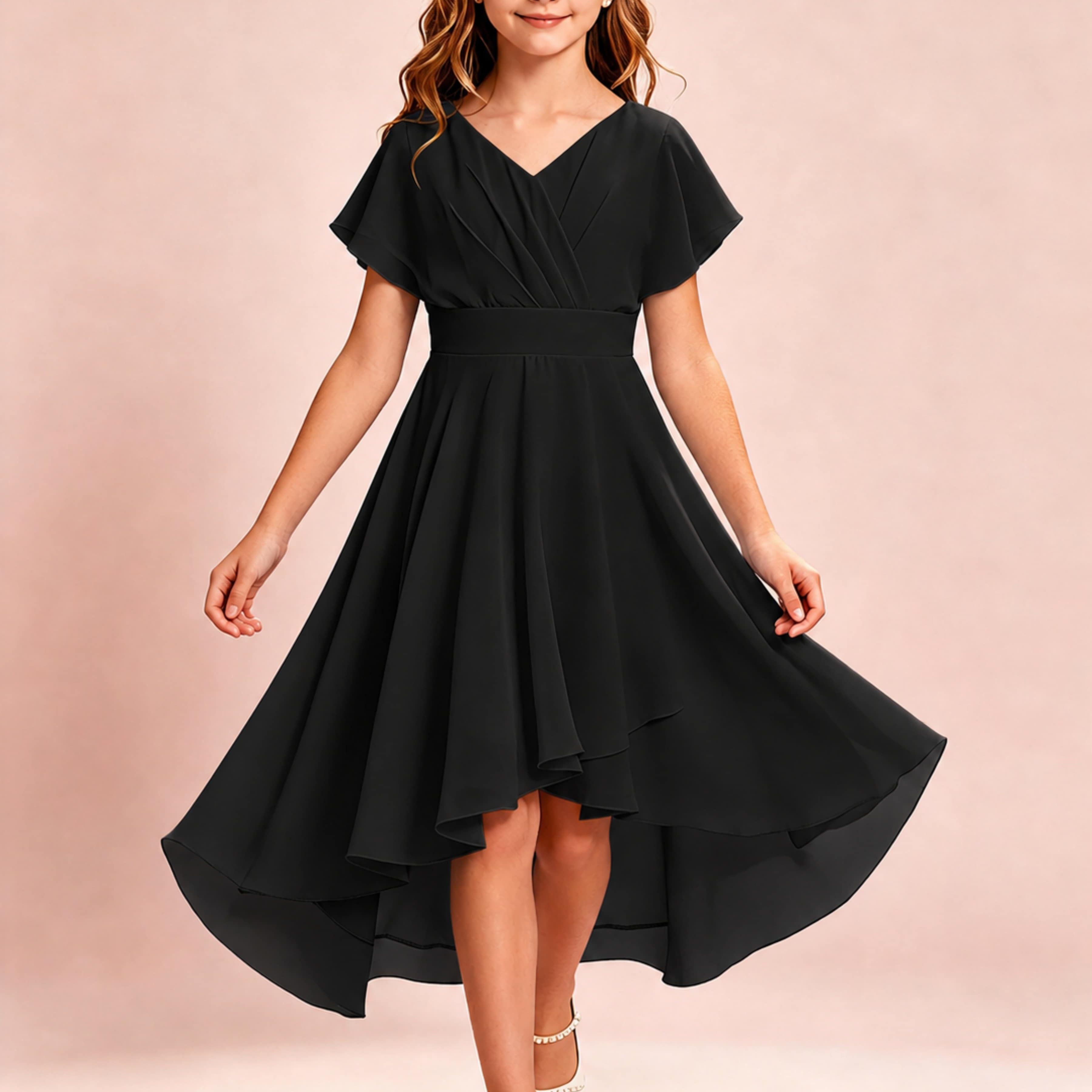 Chiffon High Low Cap Sleeve Junior Bridesmaid Dress for Wedding