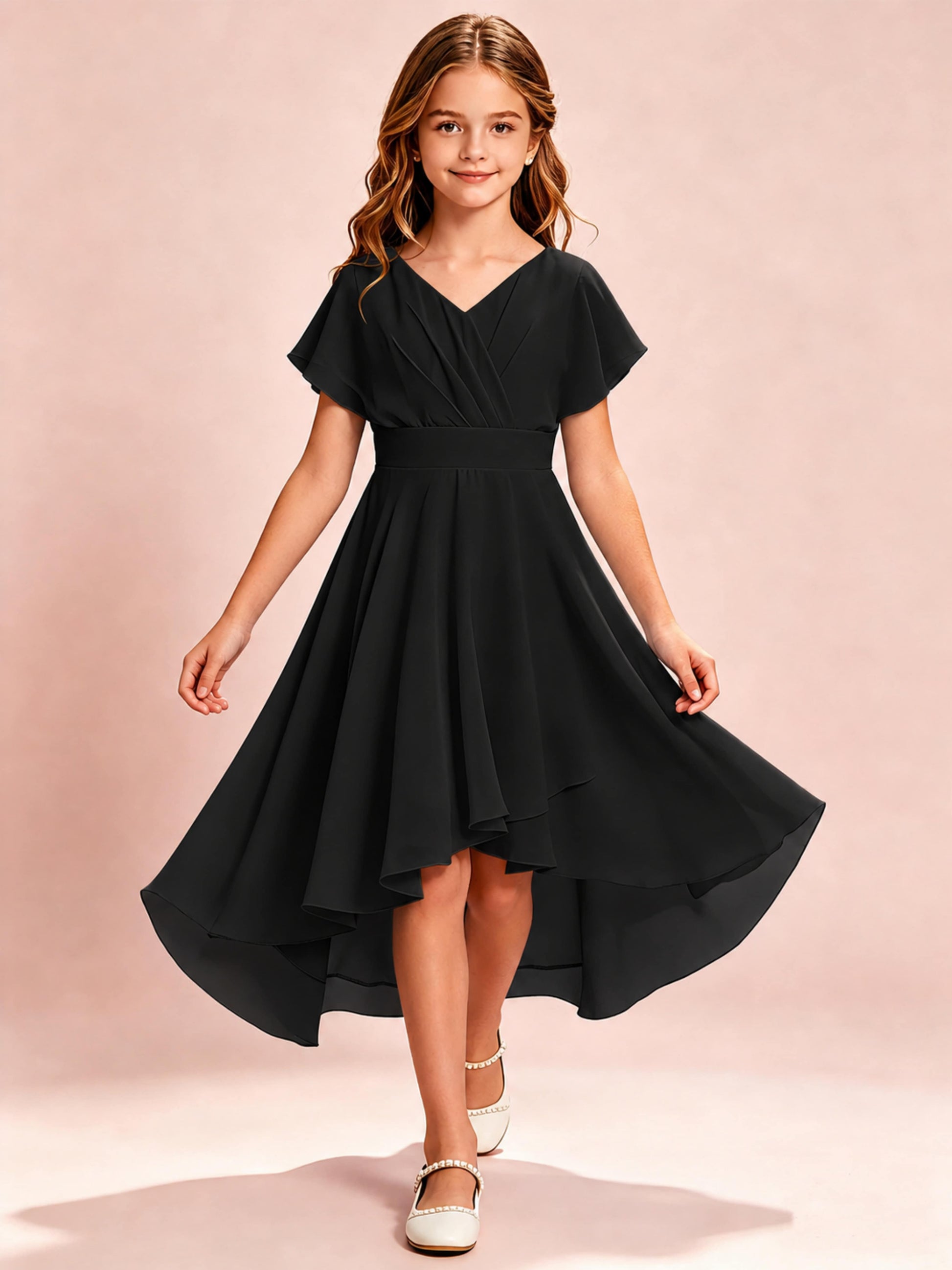 Chiffon High Low Cap Sleeve Junior Bridesmaid Dress for Wedding