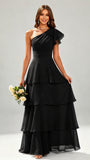 One Shoulder Ruffle Tiered Chiffon Bridesmaid Dress for Wedding