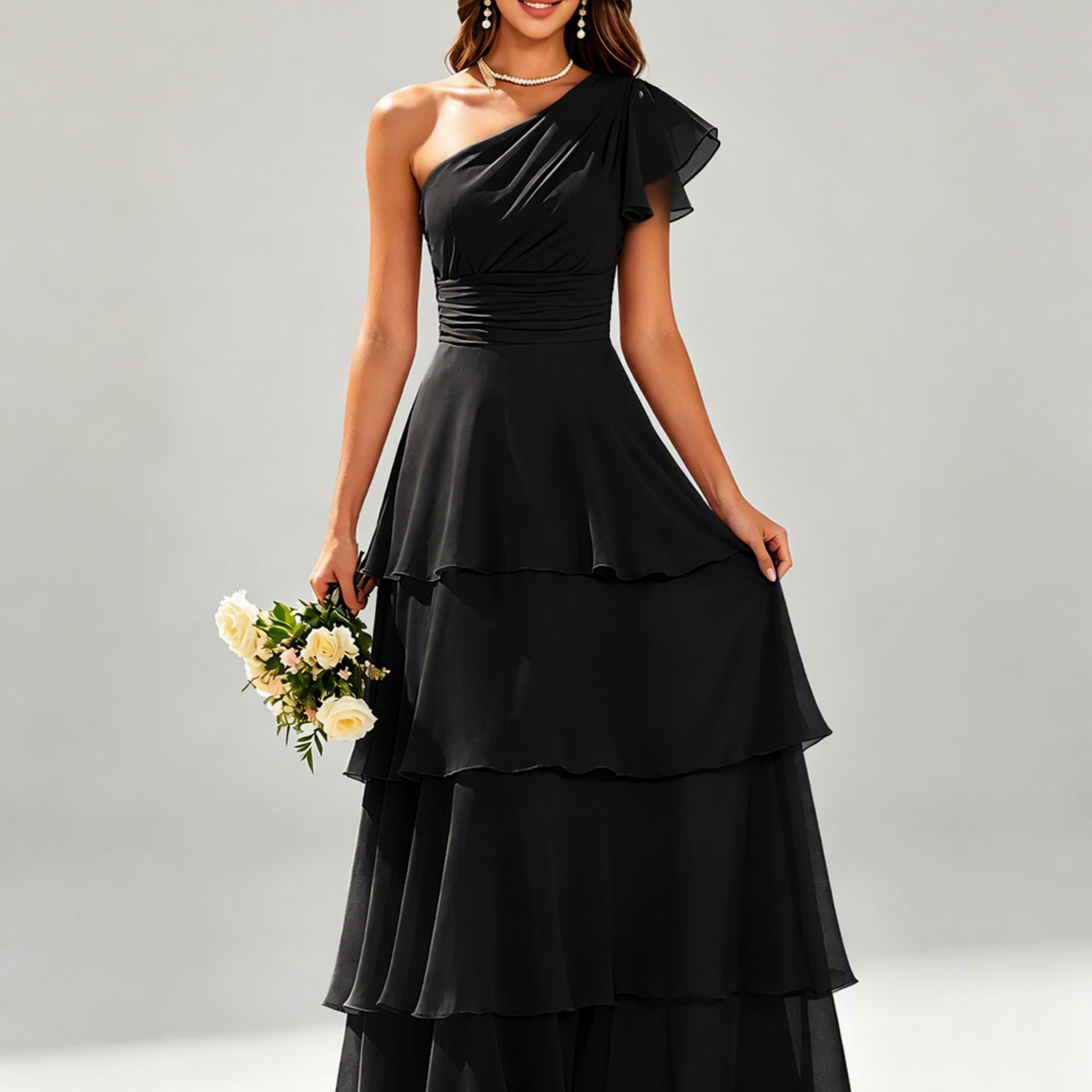 One Shoulder Ruffle Tiered Chiffon Bridesmaid Dress for Wedding