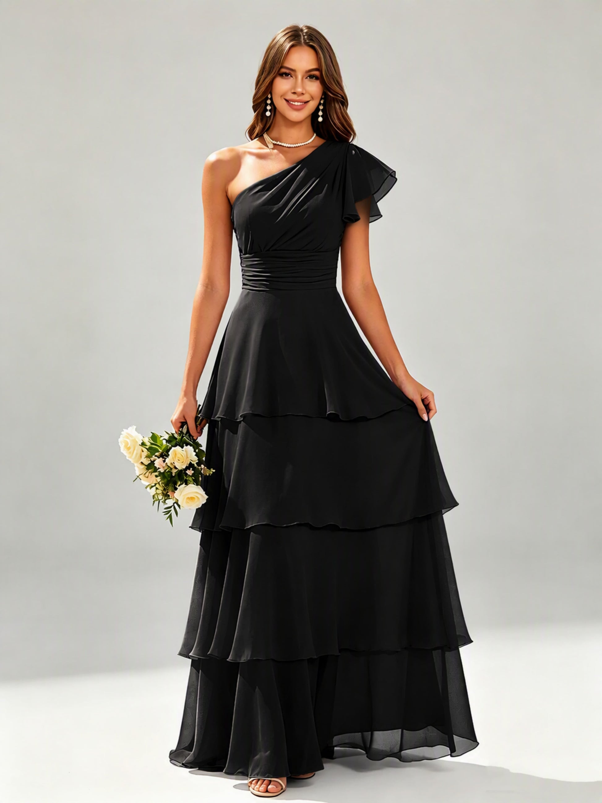 One Shoulder Ruffle Tiered Chiffon Bridesmaid Dress for Wedding