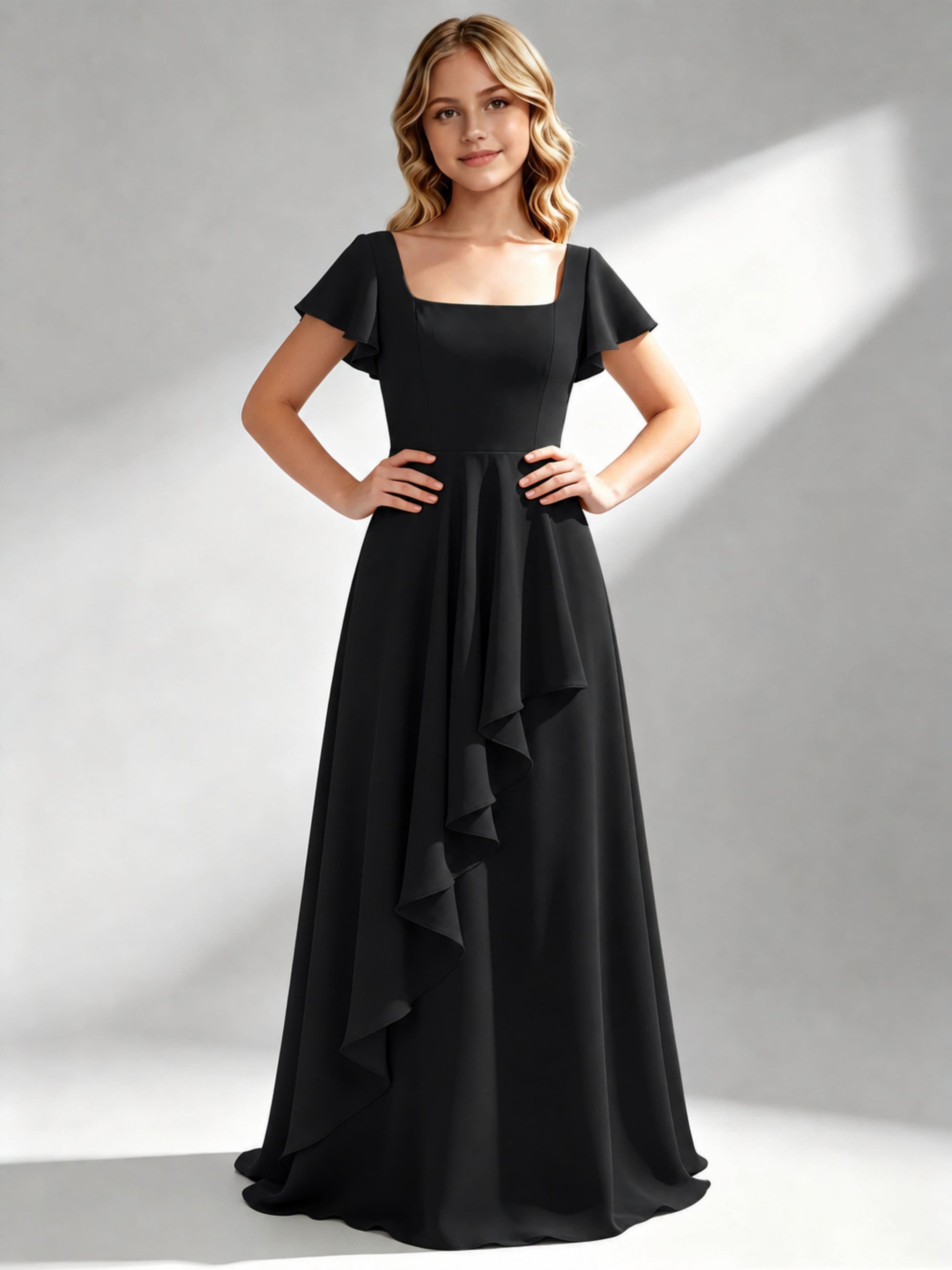 A-Line Square Neck Ruffle Junior Bridesmaid Dresses