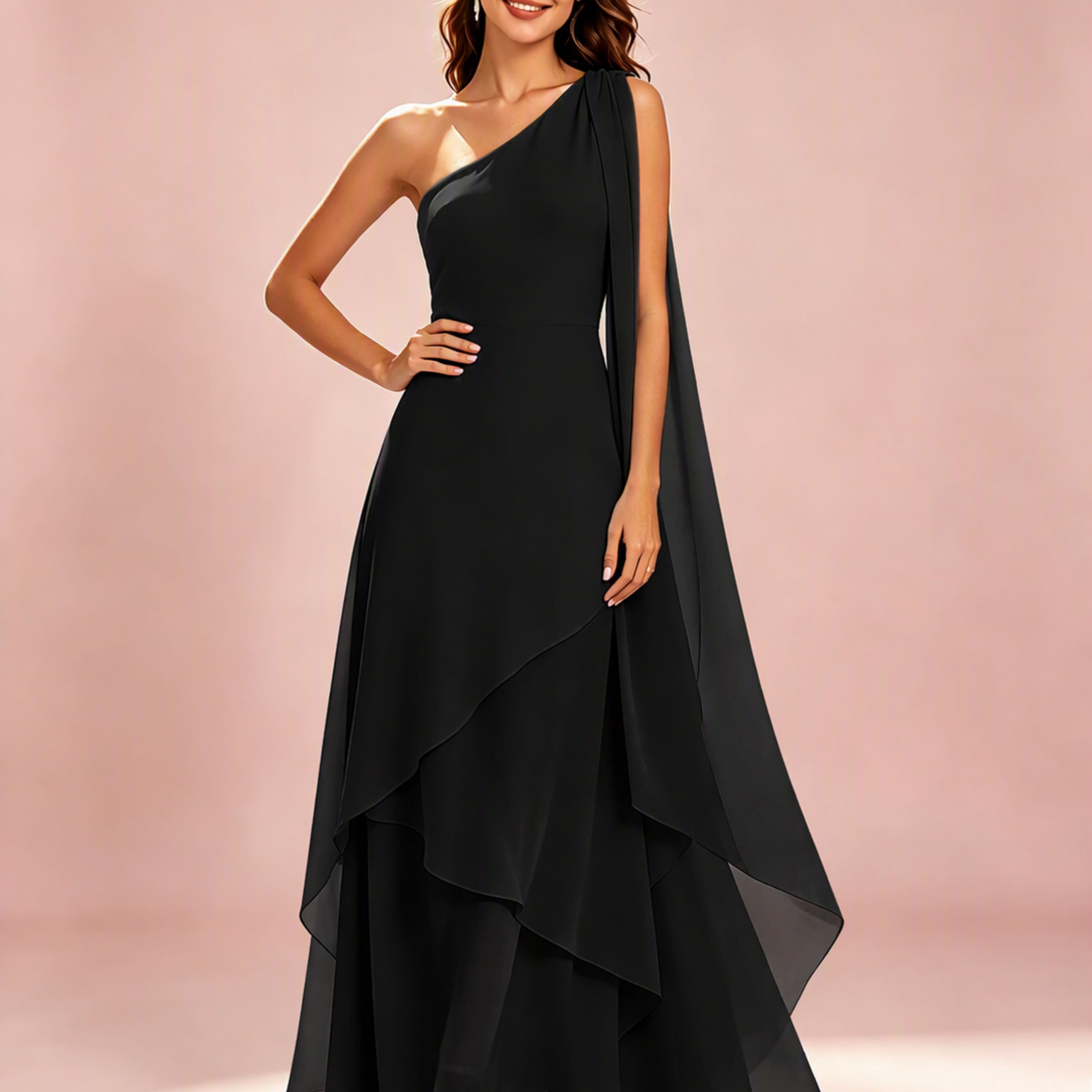 One Shoulder Chiffon Tiered Layered Bridesmaid Dresses for Wedding