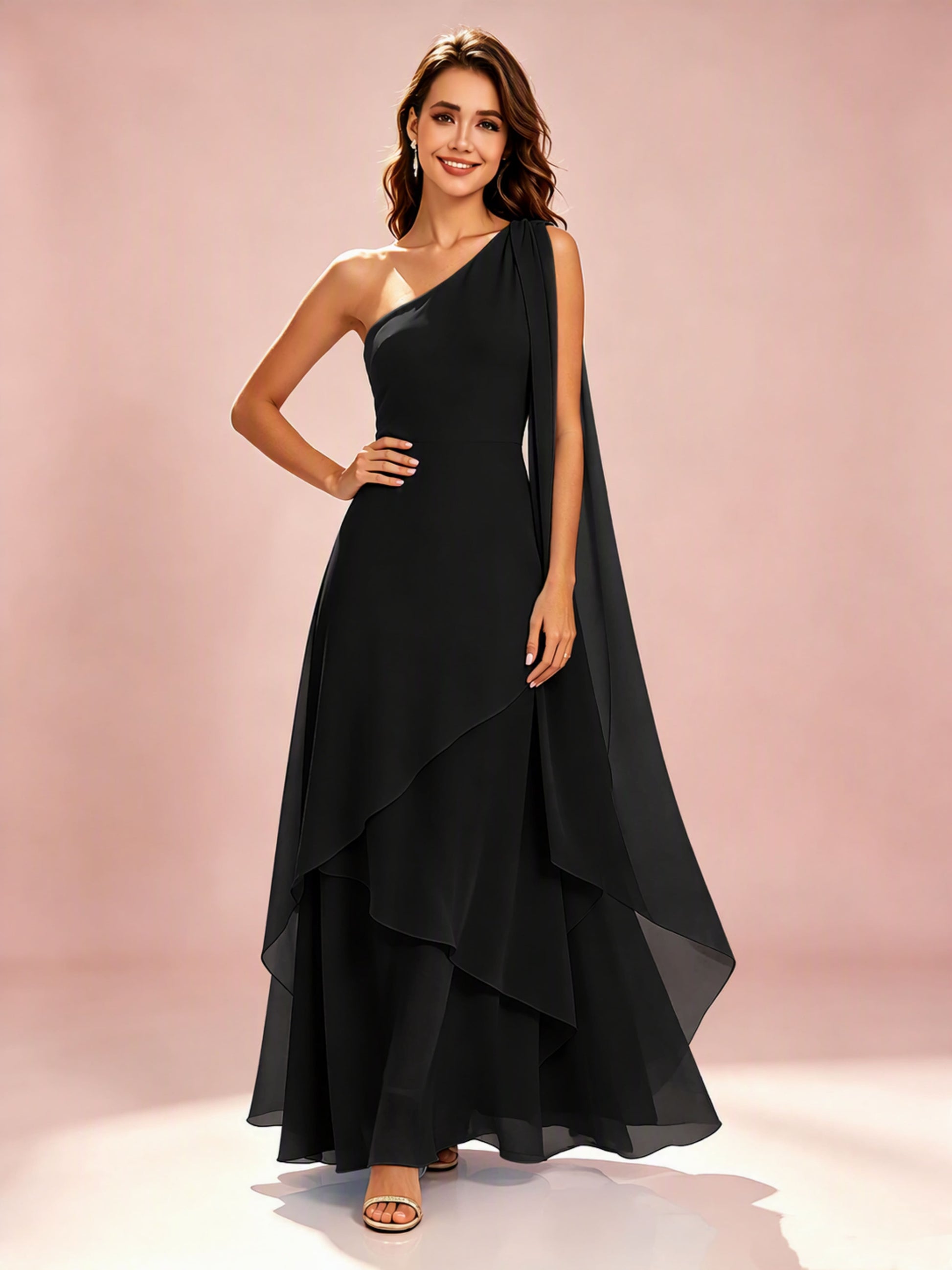 One Shoulder Chiffon Tiered Layered Bridesmaid Dresses for Wedding