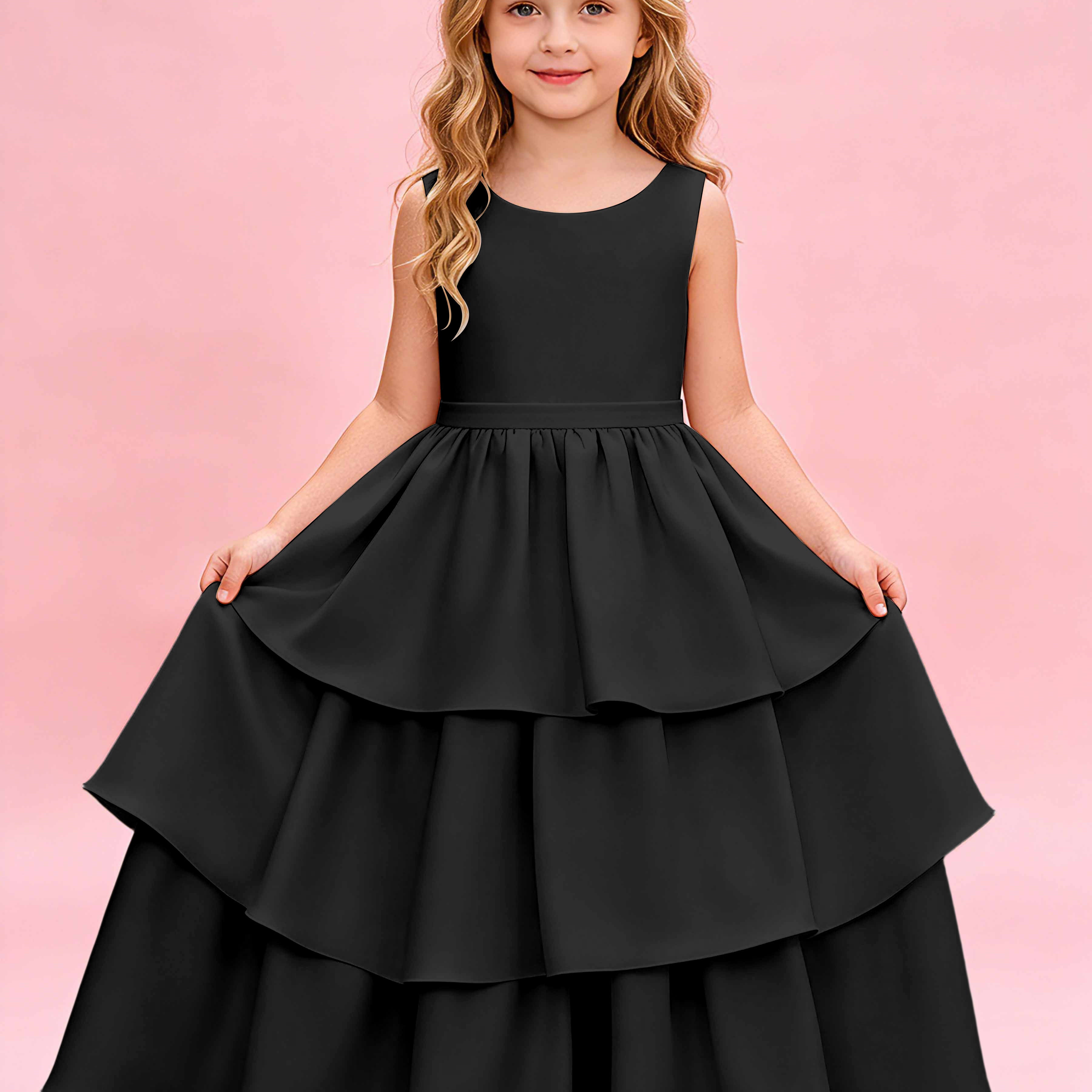Tiered Flower Girl Dress with Bow Princess Girls Pageant Gowns