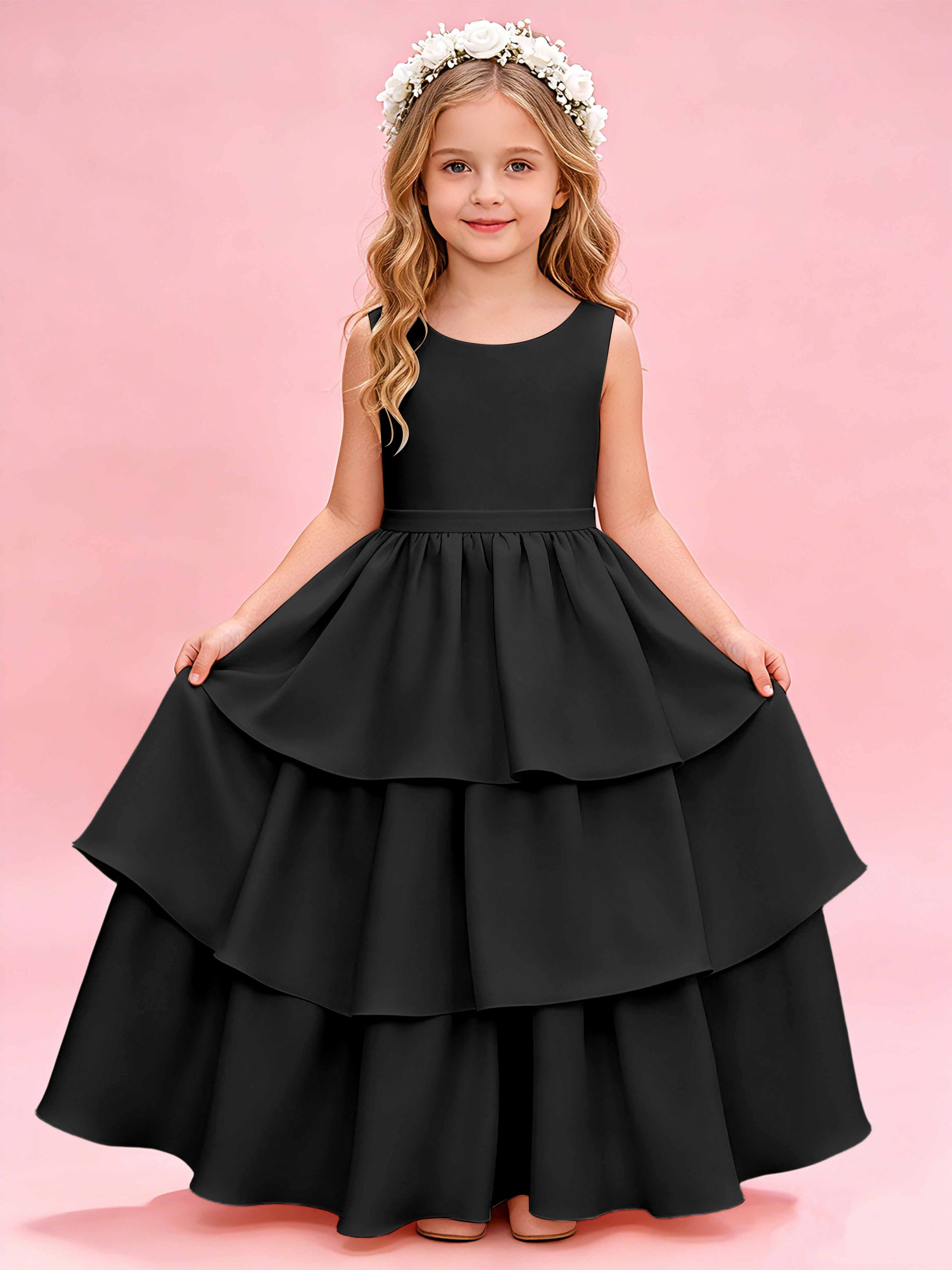 Tiered Flower Girl Dress with Bow Princess Girls Pageant Gowns