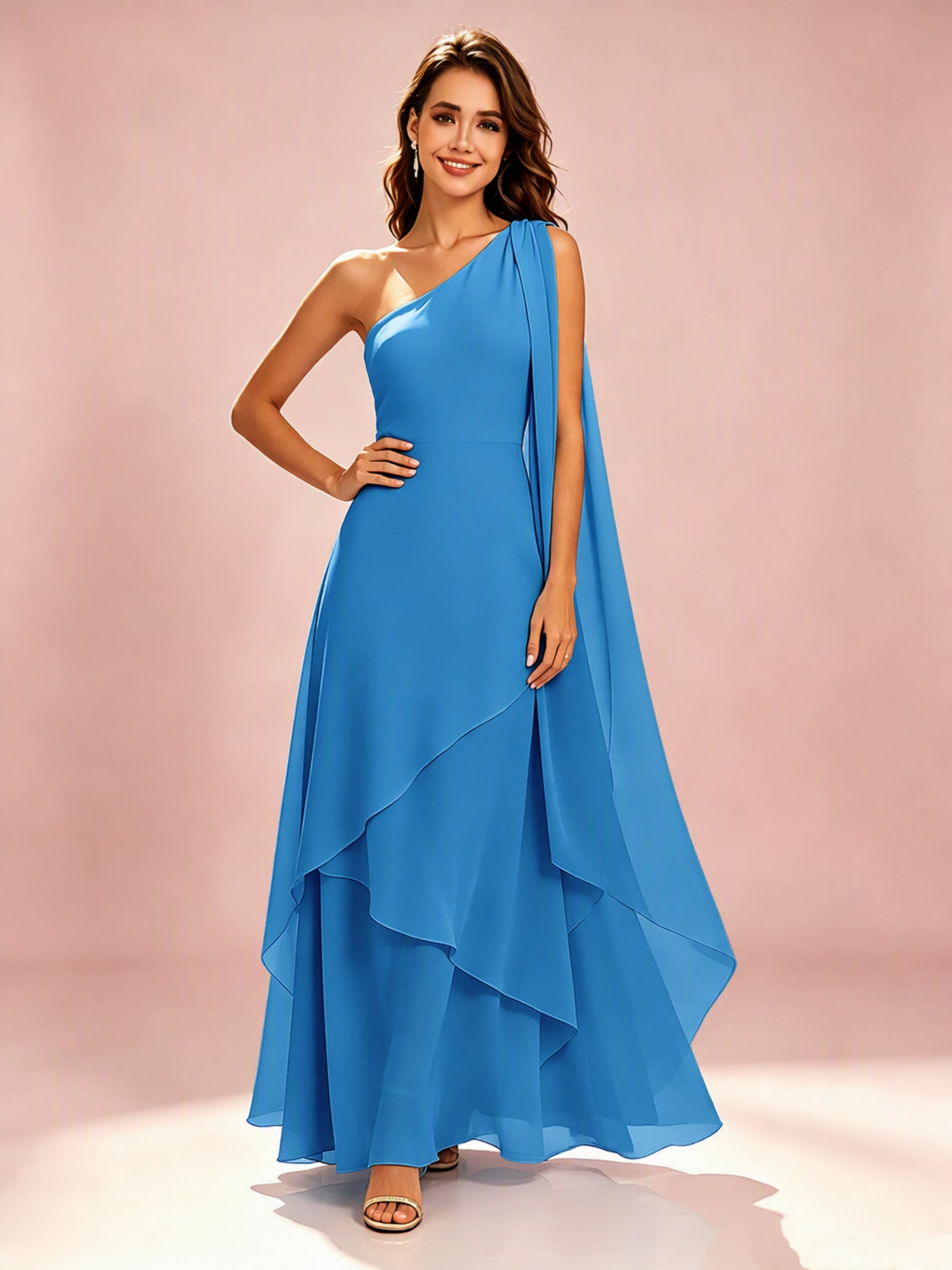 One Shoulder Chiffon Tiered Layered Bridesmaid Dresses for Wedding
