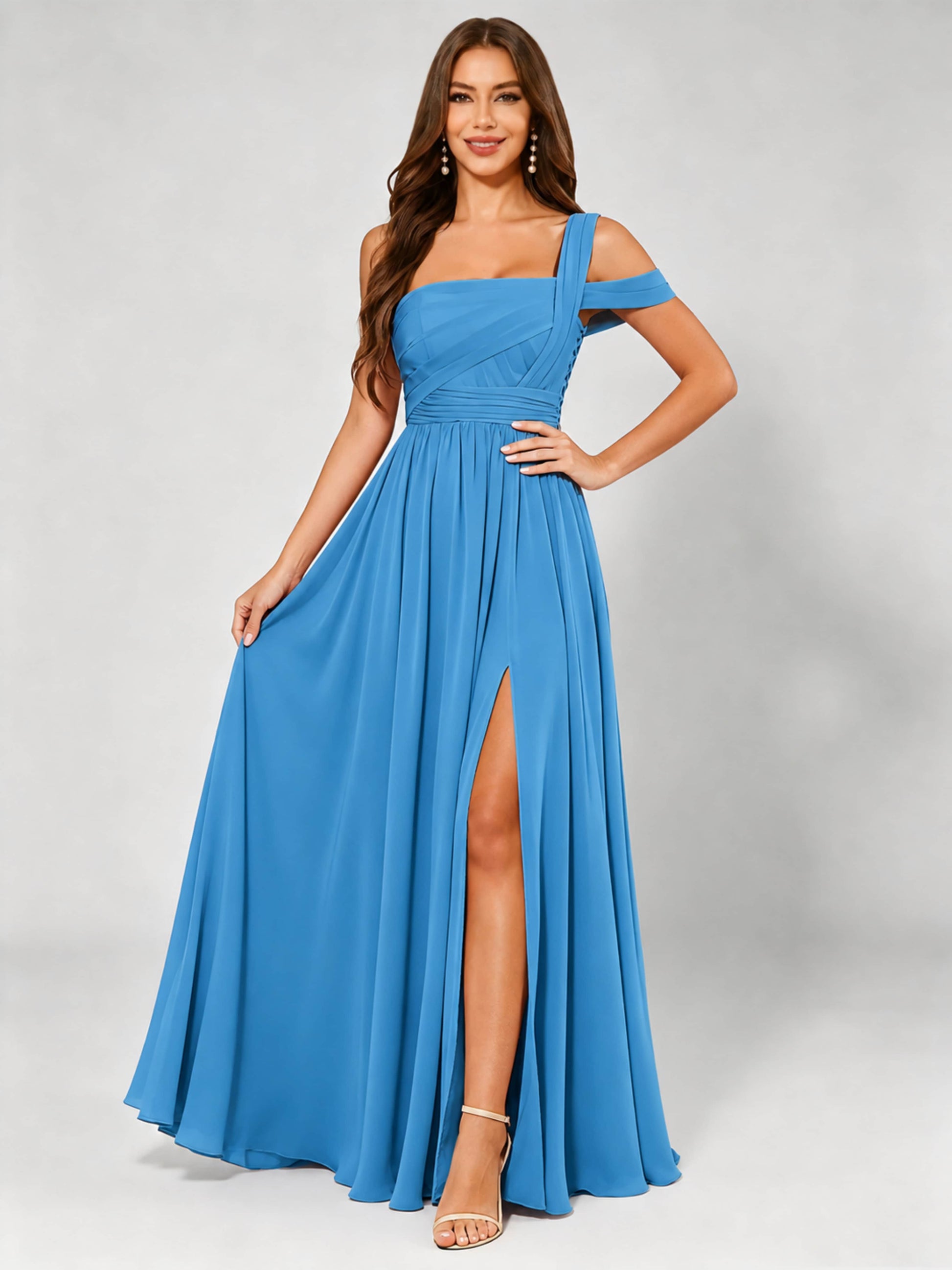 One Shoulder Chiffon Pleated Bridesmaid Dresses for Wedding