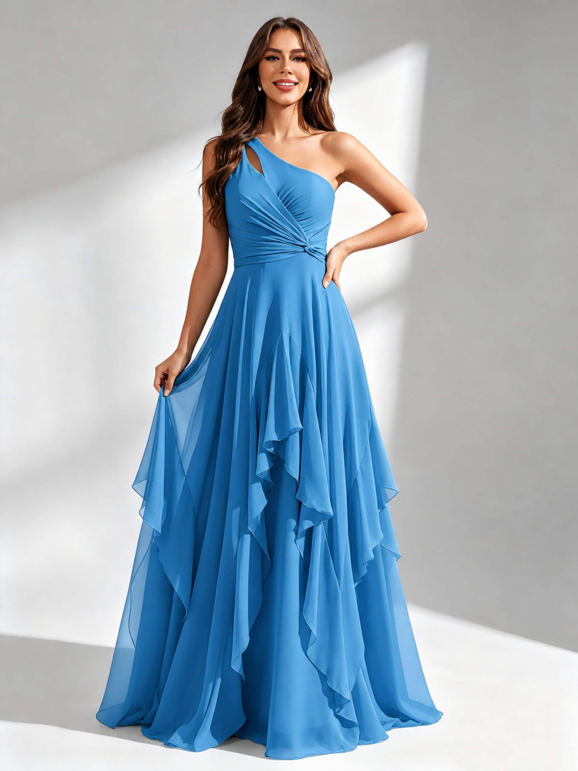 One Shoulder Ruffle Bridesmaid Dresses Formal Evening Gown