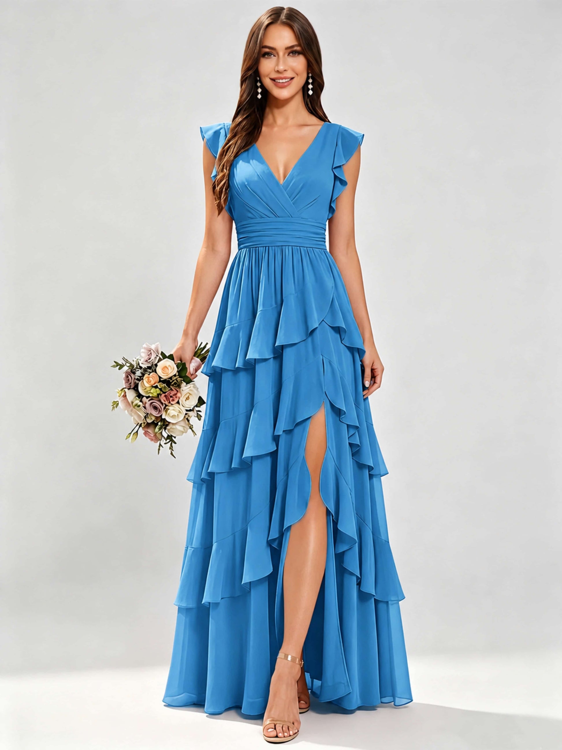 Ruffle Sleeve Tiered Chiffon Bridesmaid Dresses for Wedding with Slit