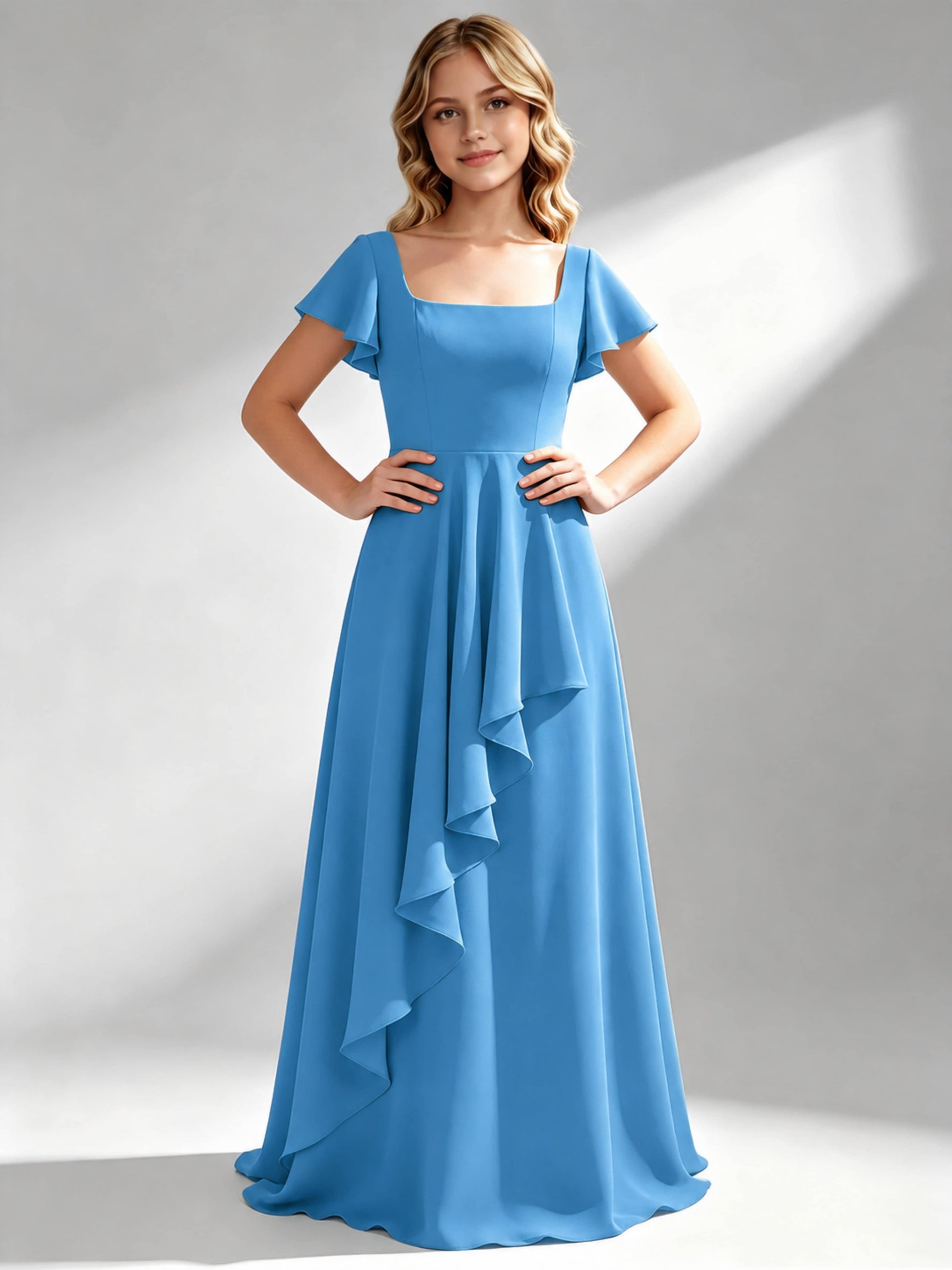 A-Line Square Neck Ruffle Junior Bridesmaid Dresses
