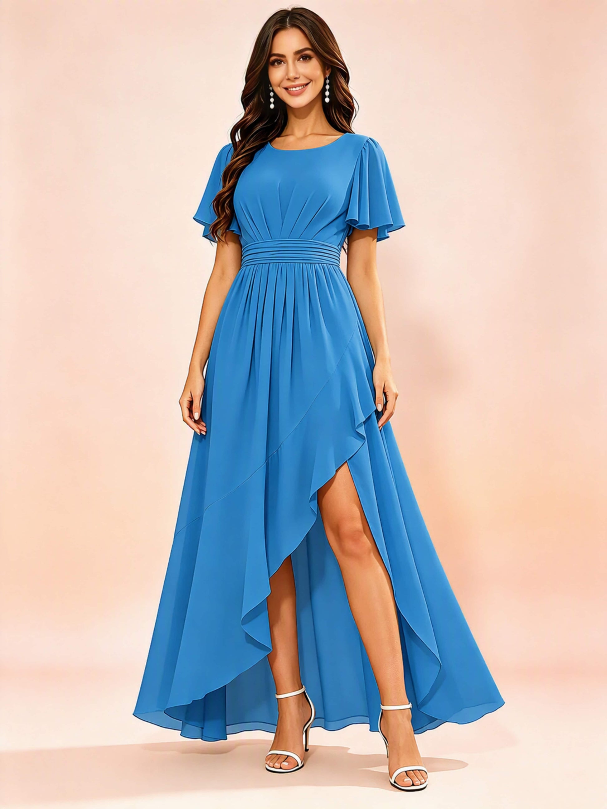 Chiffon High Low Round Neck Bridesmaid / Wedding Guest Dresses