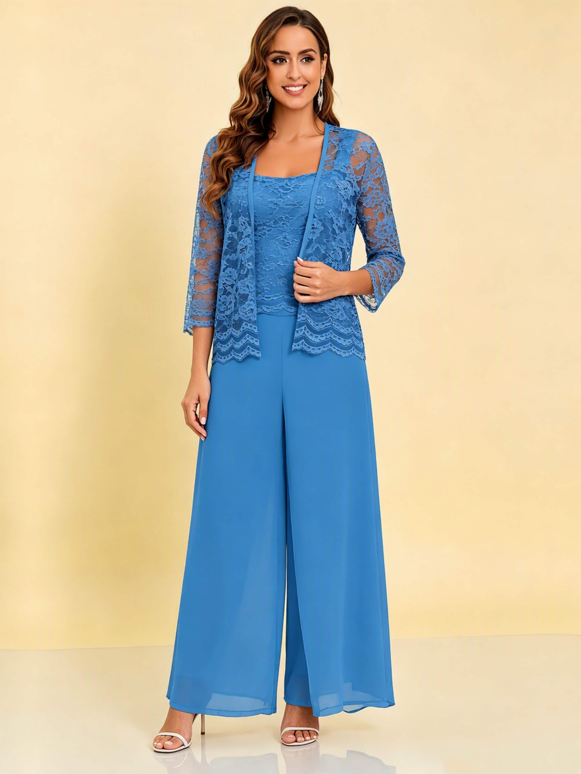 Chiffon Lace Flowy 3 Pieces Mother of The Bride Pant Suits Women Wedding