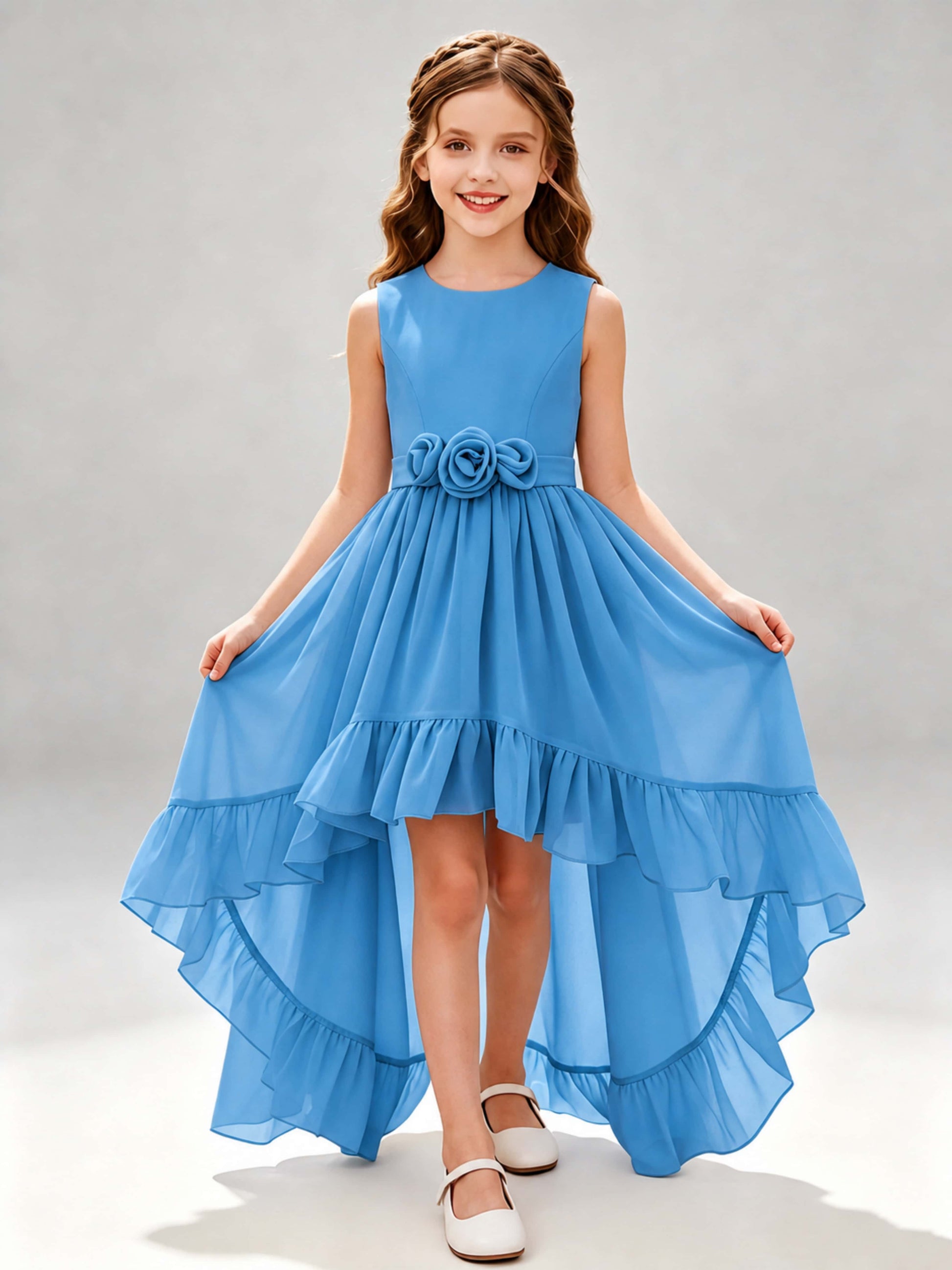 Chiffon 3D Flower High Low Junior Bridesmaid Dresses