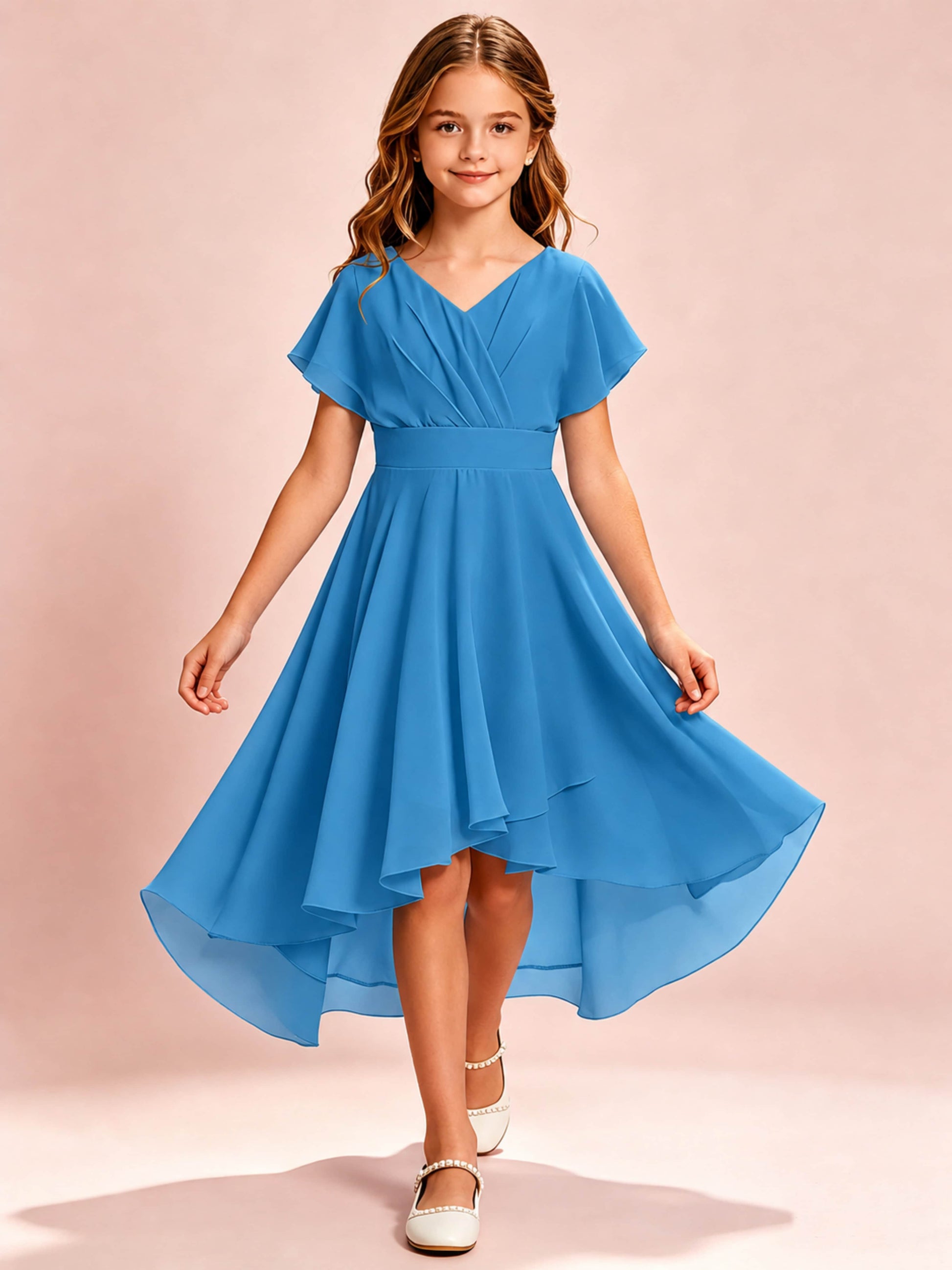 Chiffon High Low Cap Sleeve Junior Bridesmaid Dress for Wedding