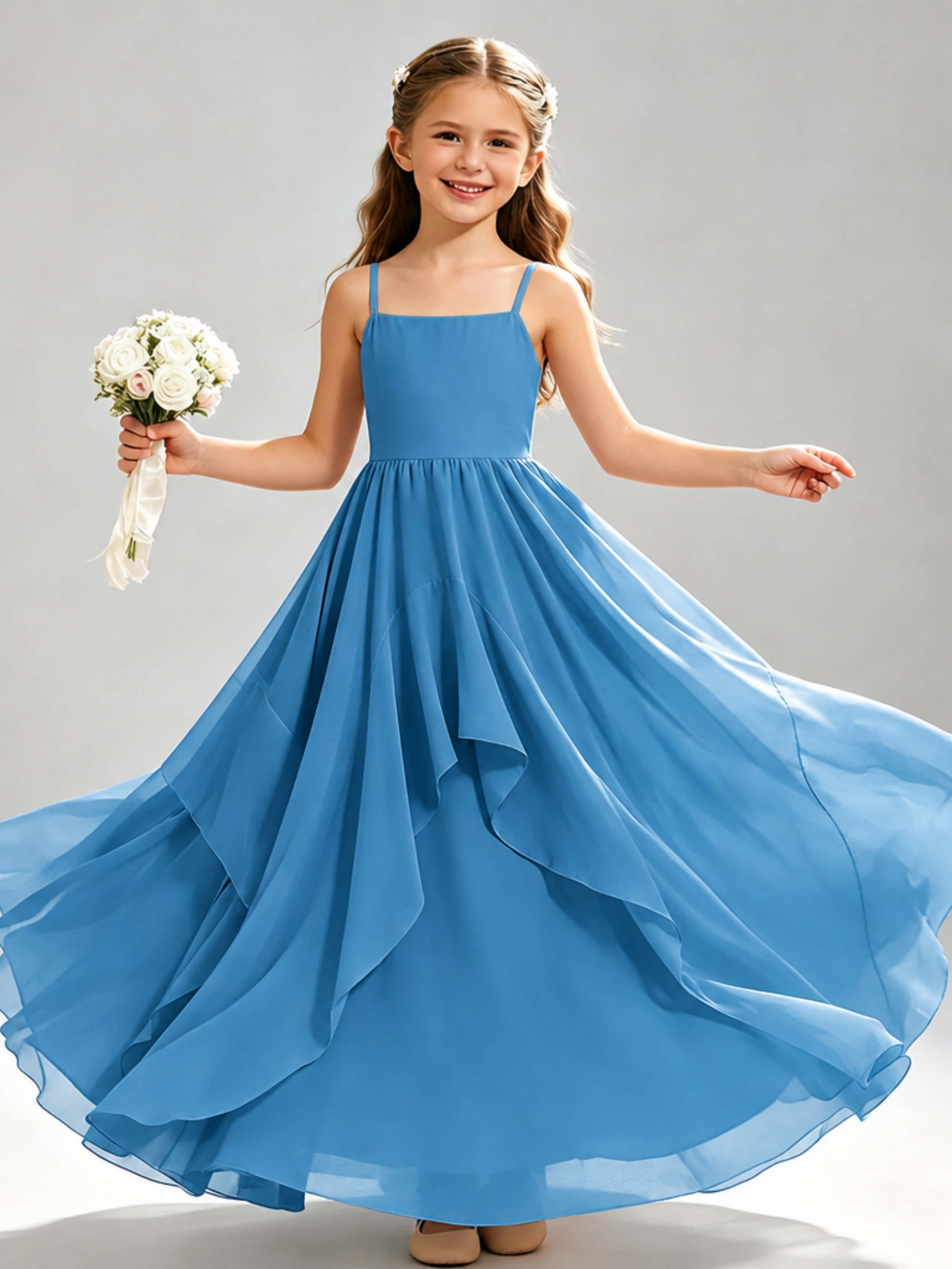 A-Line Spaghetti Straps Ruffle Junior Bridesmaid Dresses