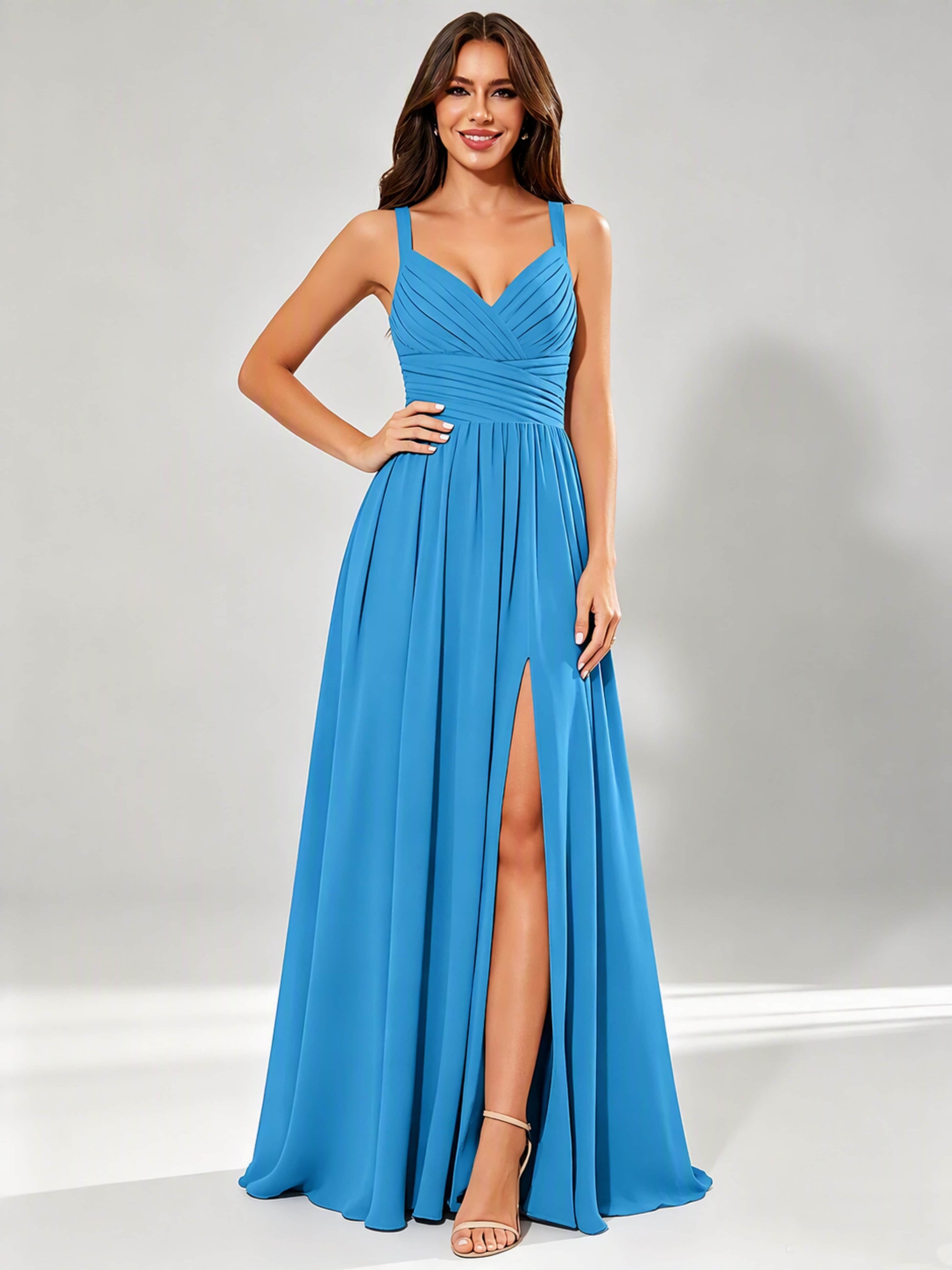 Spaghetti Straps Chiffon Ruched Bust Pleated Bridesmaid Dress for Wedding