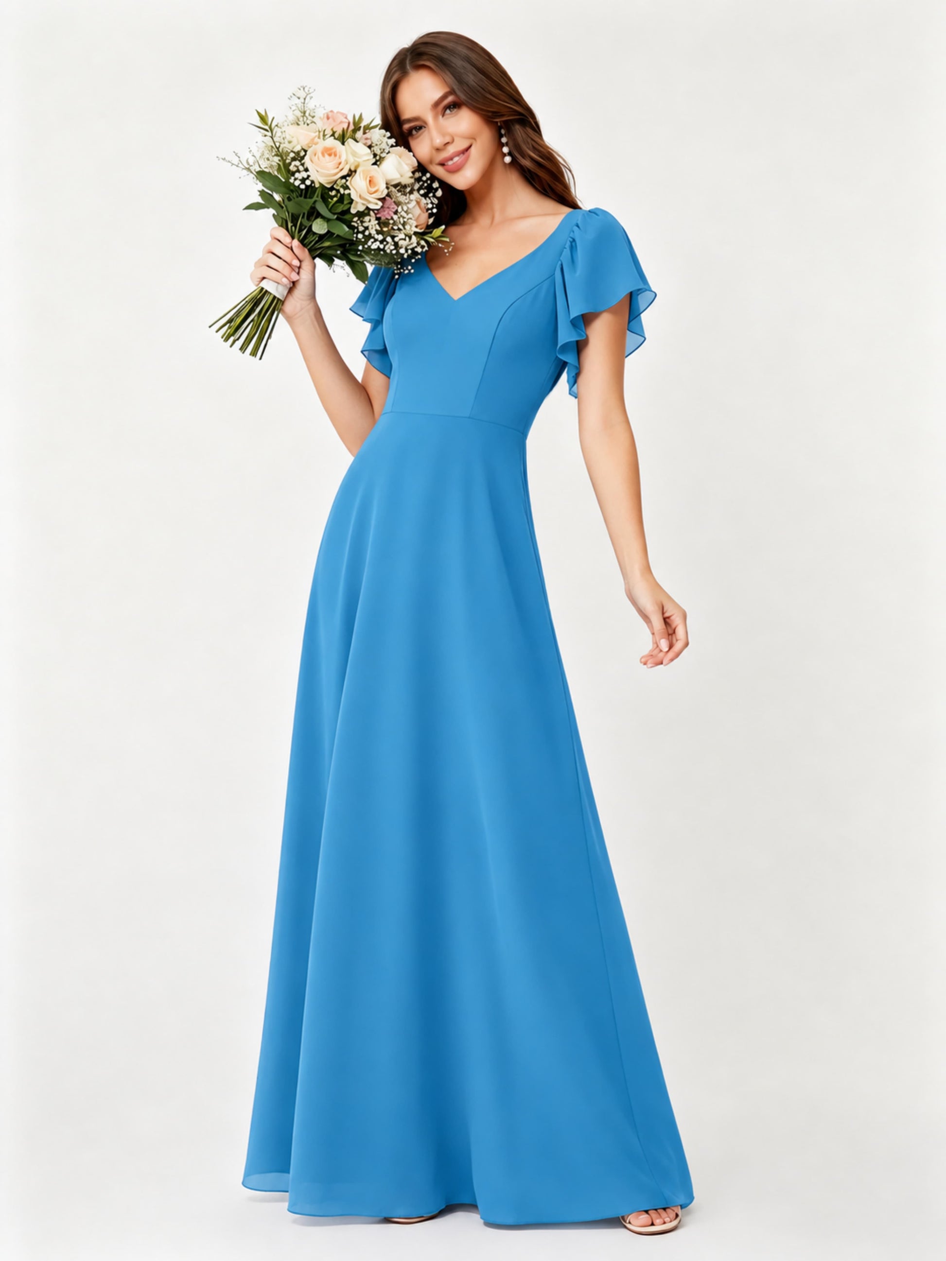 Ruffle Sleeve Chiffon Bridesmaid Dresses for Women Wedding