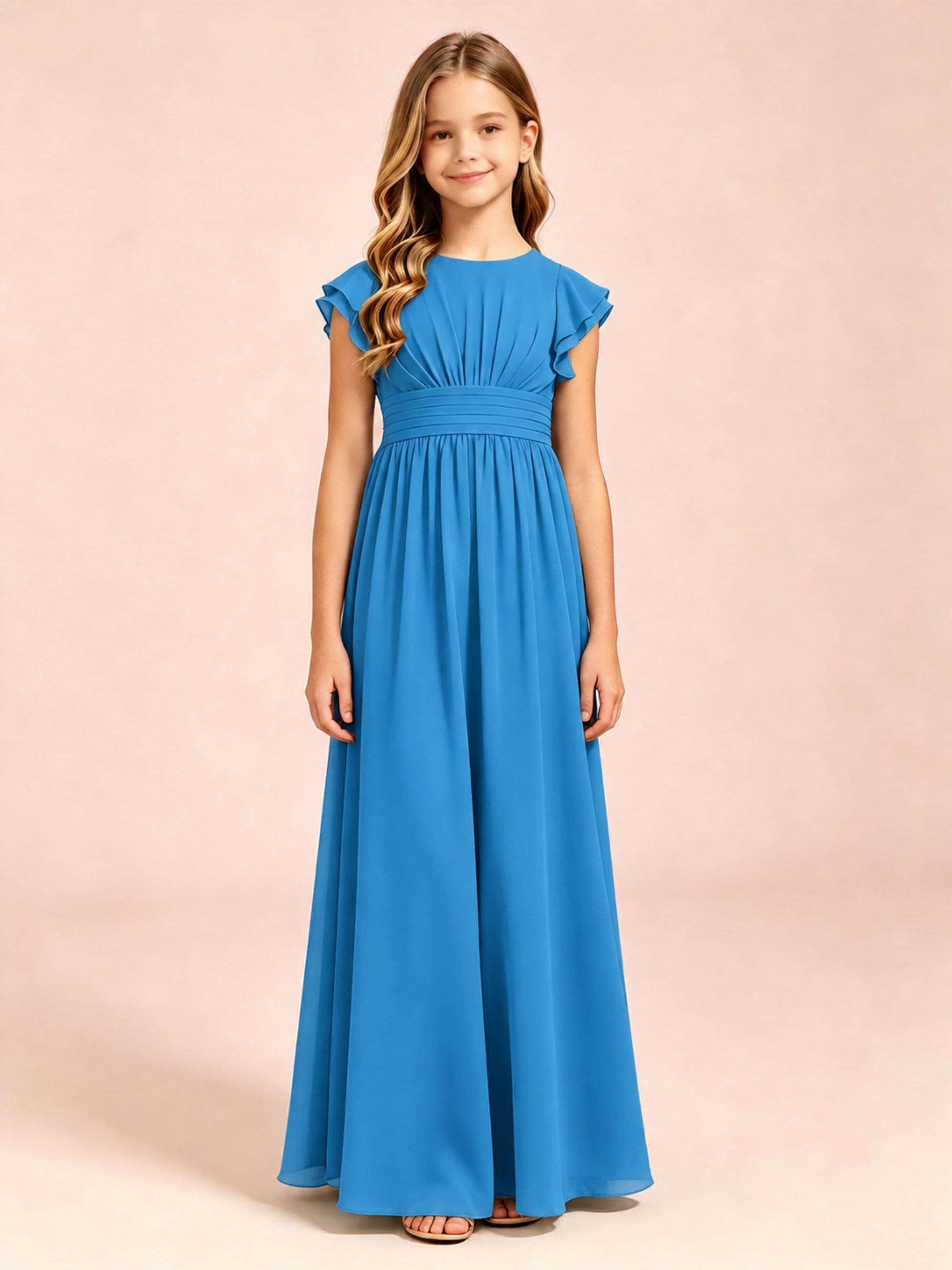 Chiffon Ruffle Cap Sleeve Junior Bridesmaid Dress for Wedding
