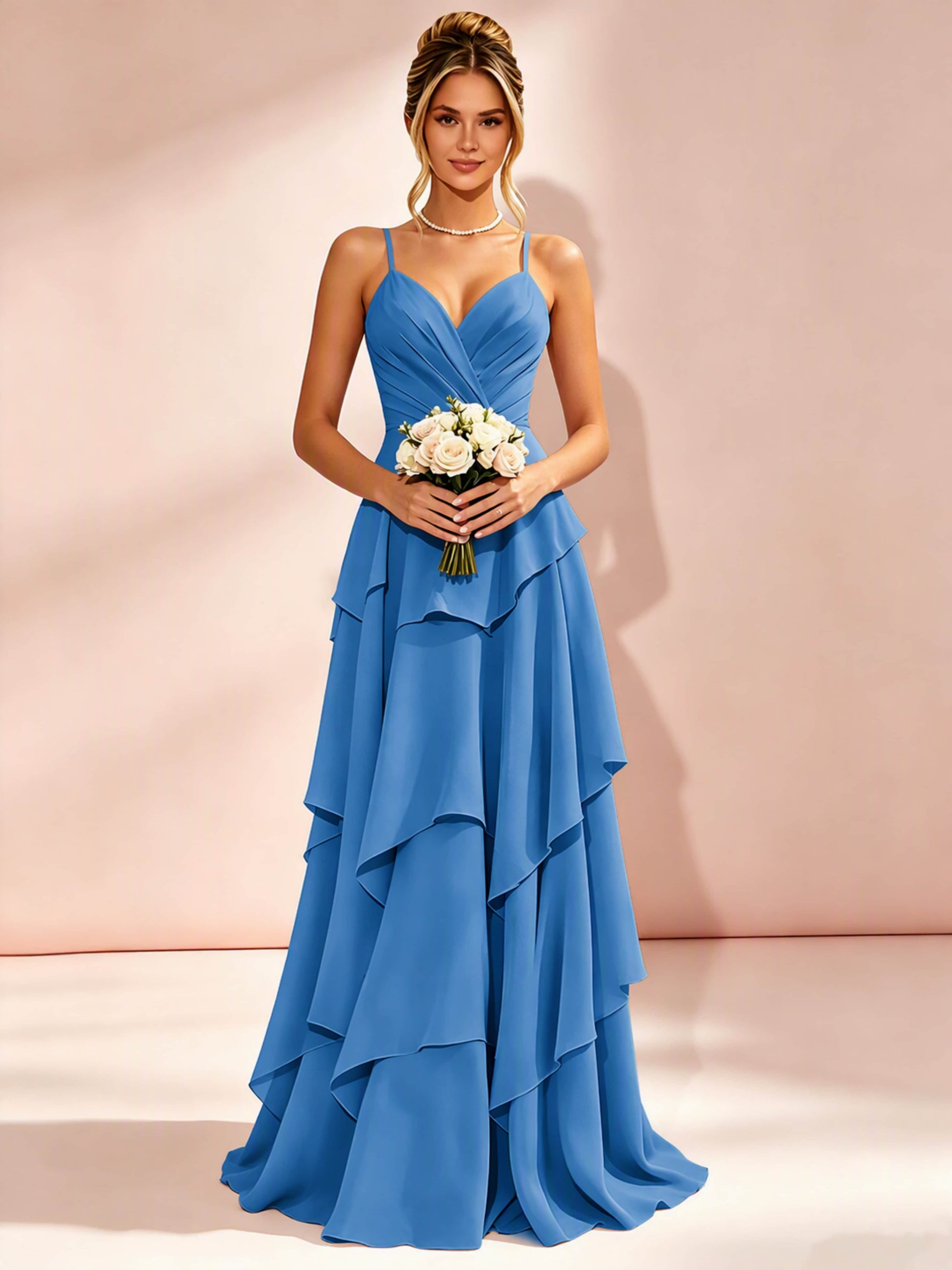Spaghetti Straps Ruffle Tiered Chiffon Bridesmaid Dress for Wedding