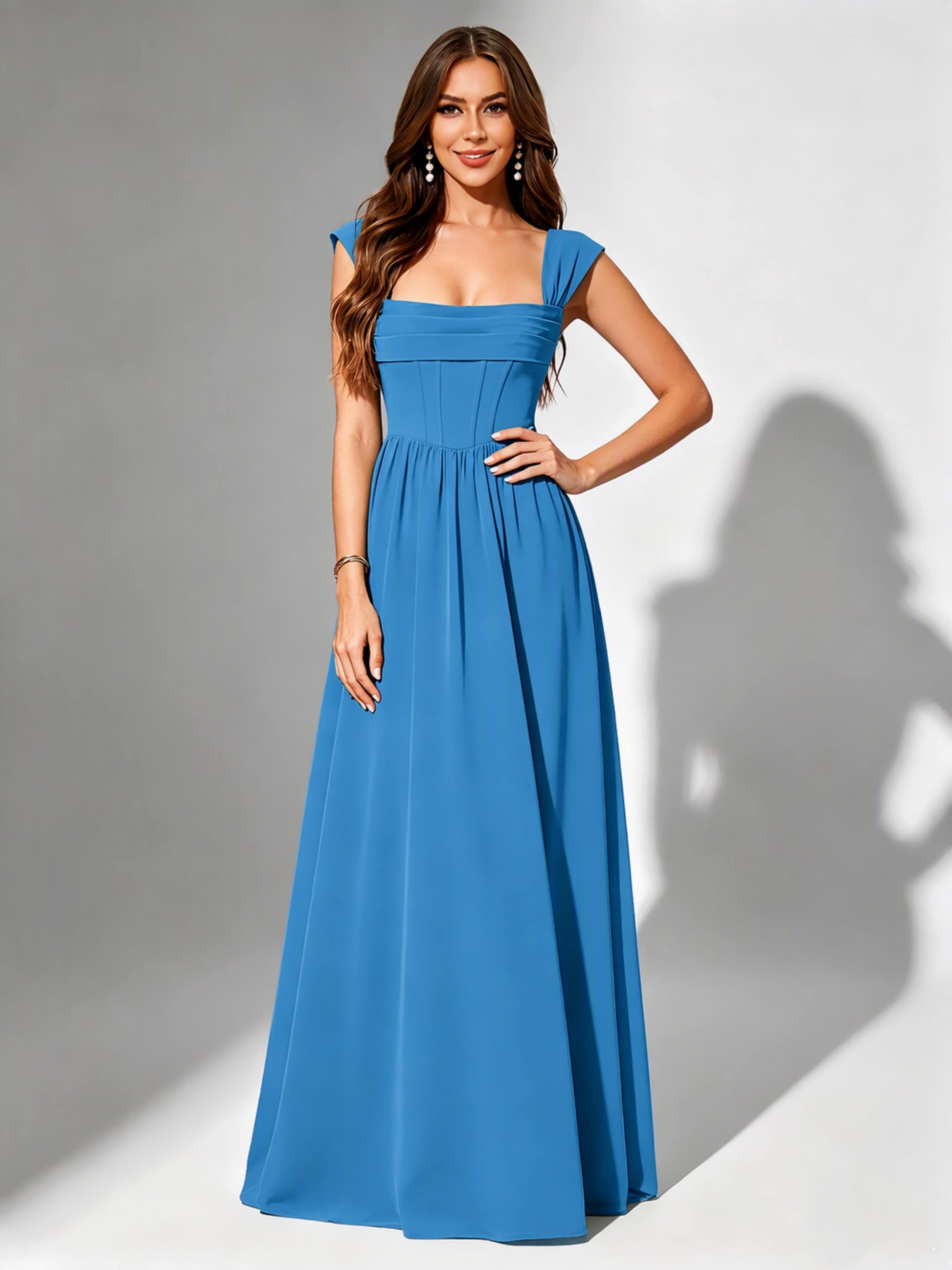 Square Neck Chiffon Bridesmaid Dress Corset Formal Gown