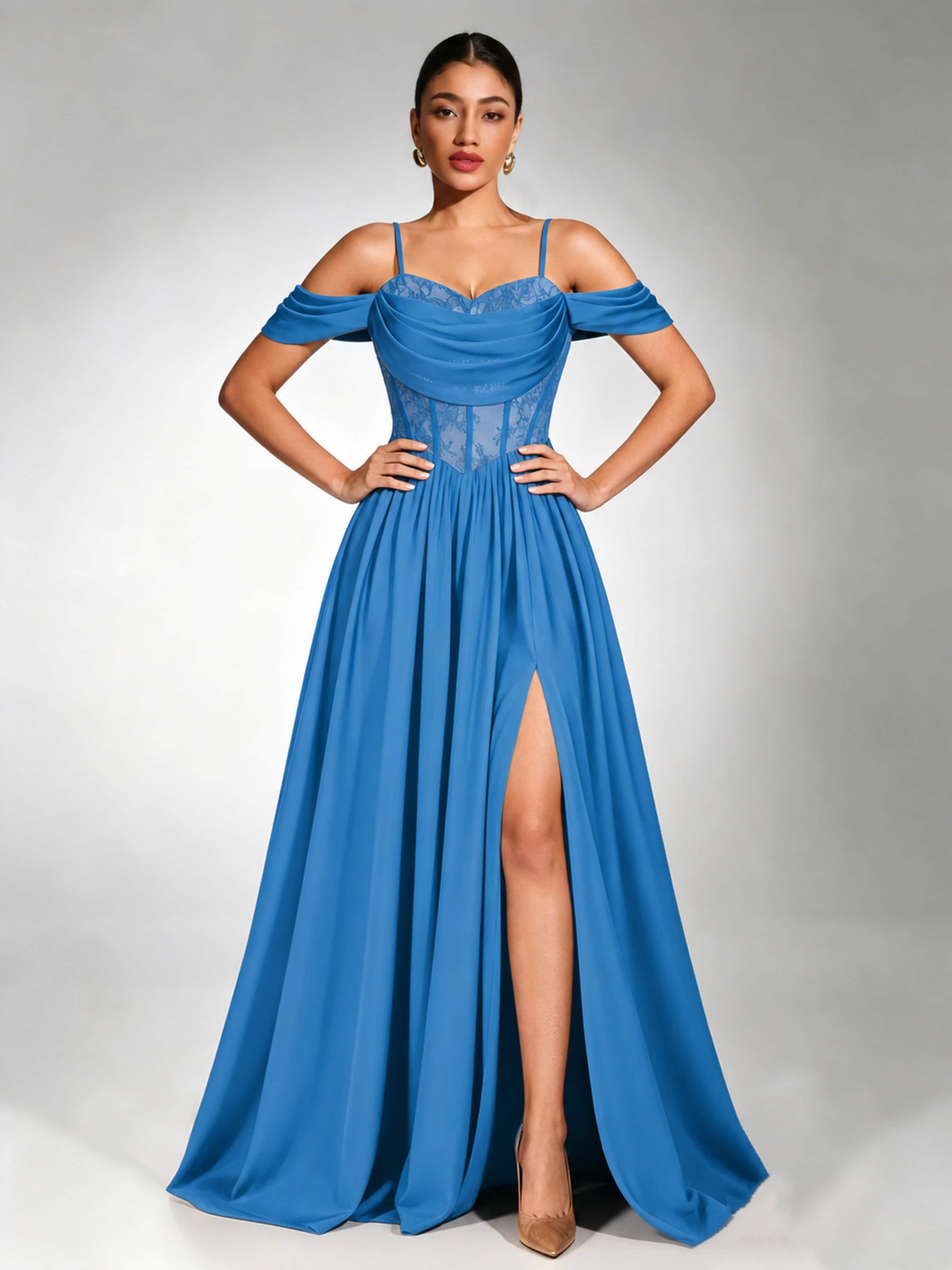 Off Shoulder Chiffon Lace Prom Dress for Teens